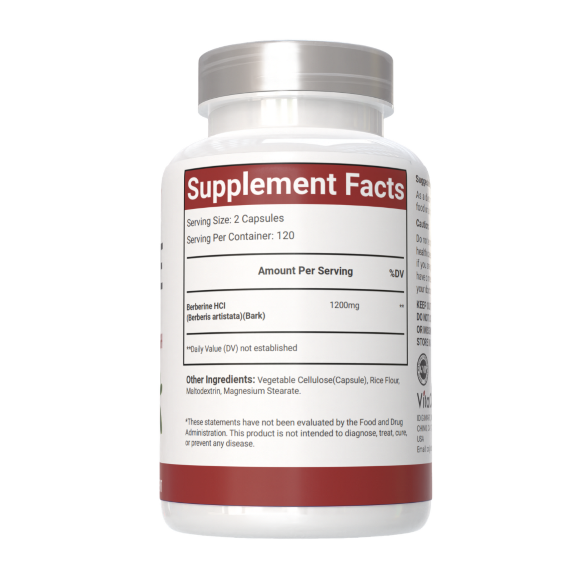  VitaCosmoX berberine 120 caps - supplement fact side