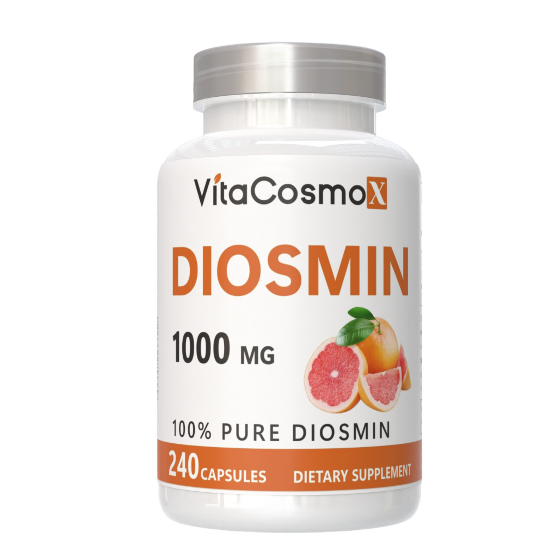 VitaCosmoX Diosmin supplement bottle with grapefruit illustration on a white background