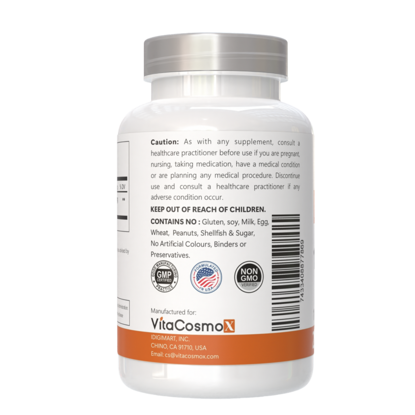 VitaCosmoX supplement bottle with label on a white background