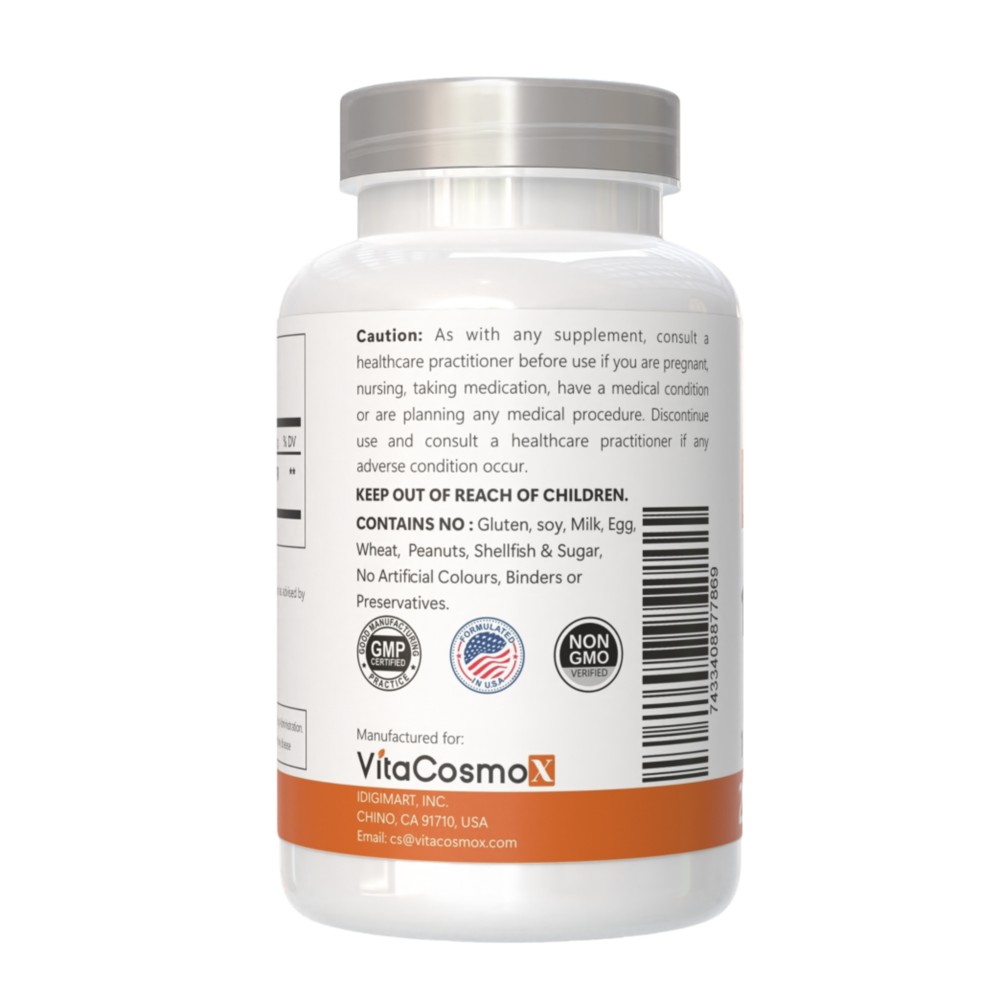 VitaCosmoX supplement bottle with label on a white background