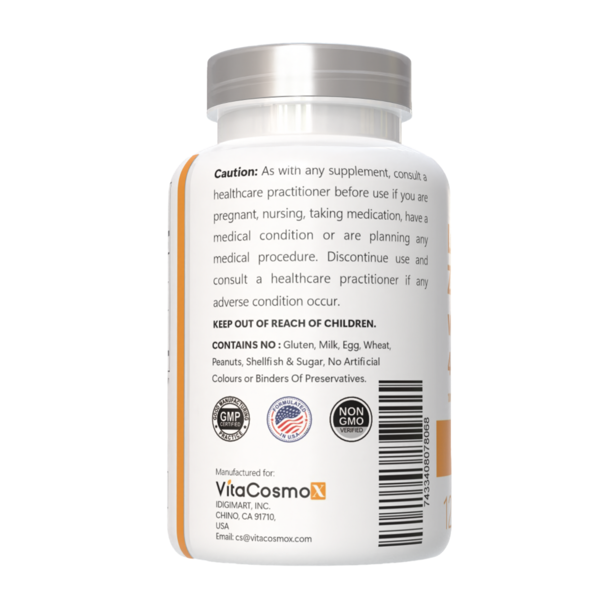 VitaCosmoX  lutein & zeaxanthin caution warning label side - 240 capsules