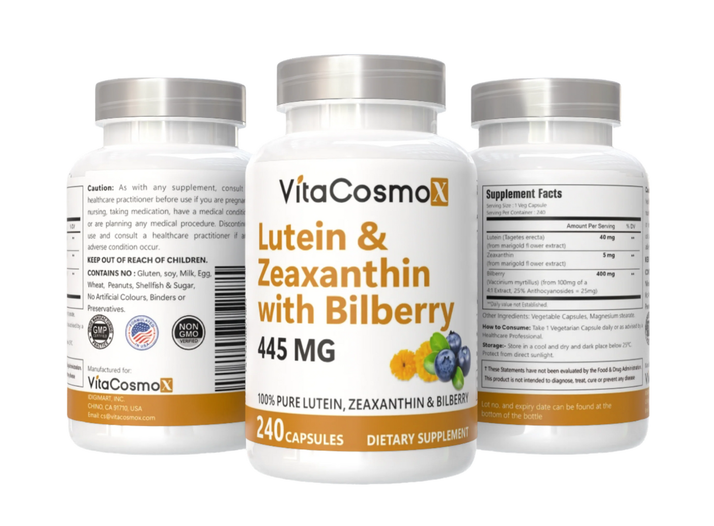 Three sides of VitaCosmoX Lutein & Zeaxanthin with Bilberry supplement on a white background
