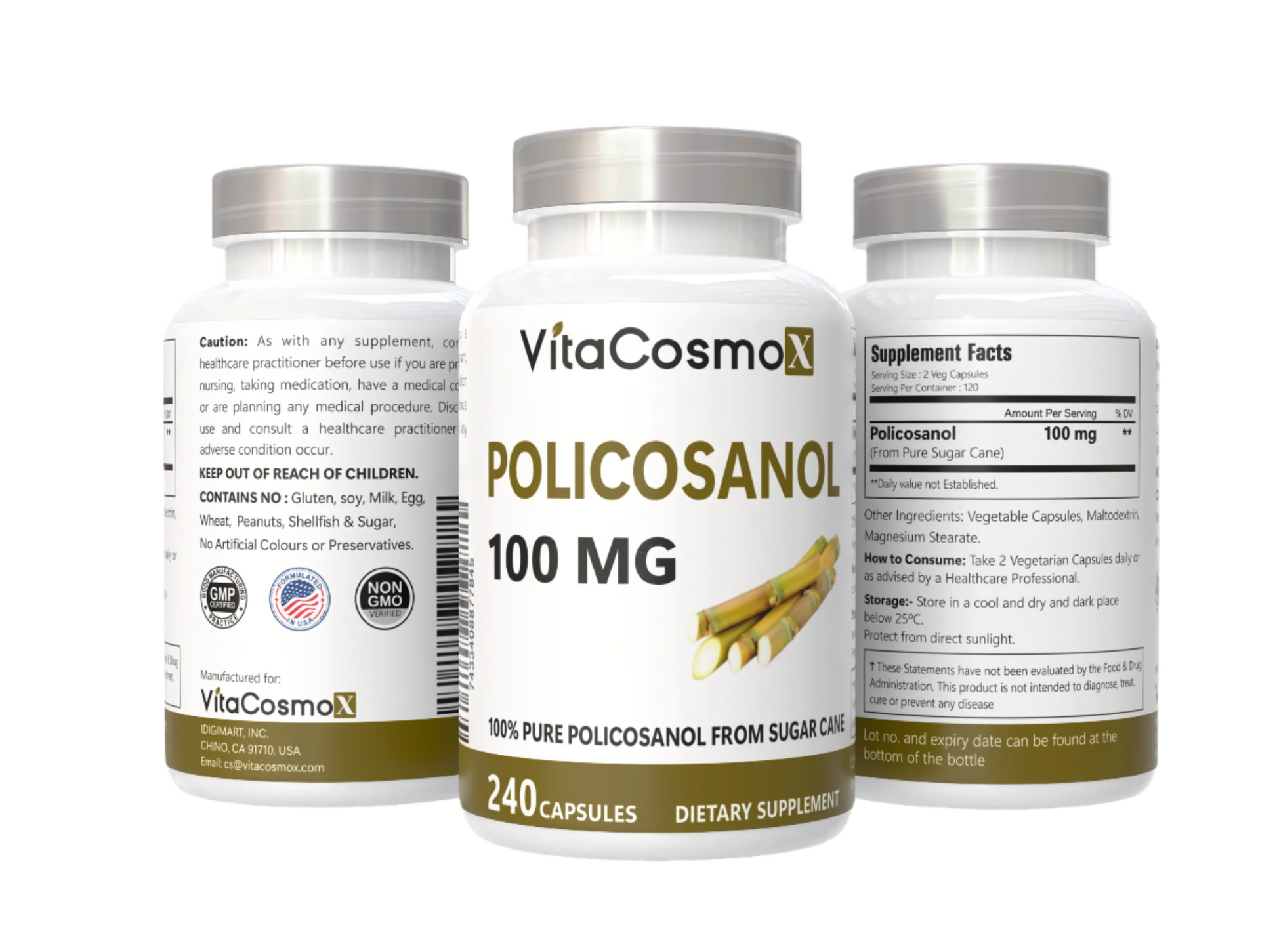 VitaCosmoX policosano100 MG dietary supplement bottles on a white background - all three sides