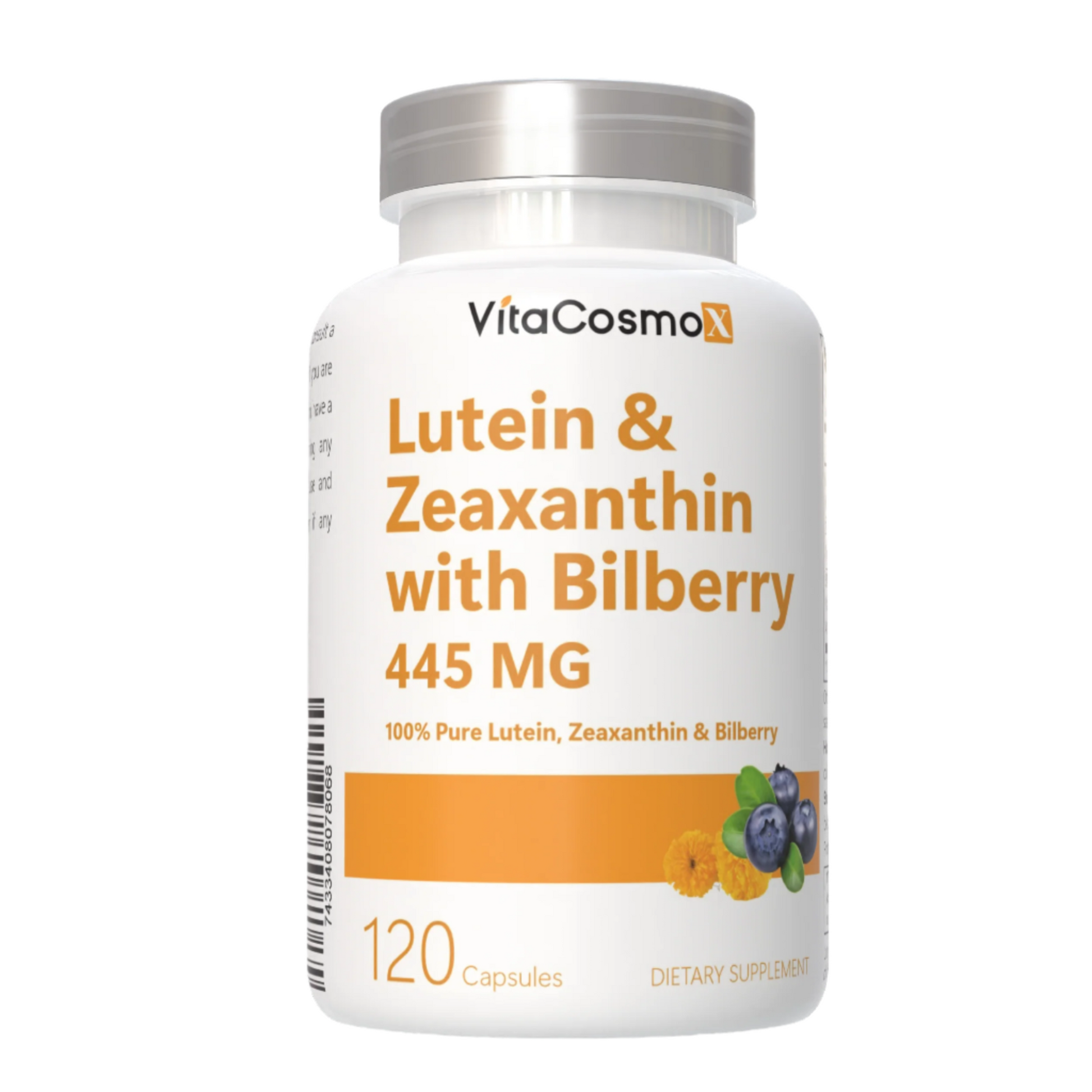 VitaCosmo Lutein & Zeaxanthin with Bilberry supplement bottle on a white background