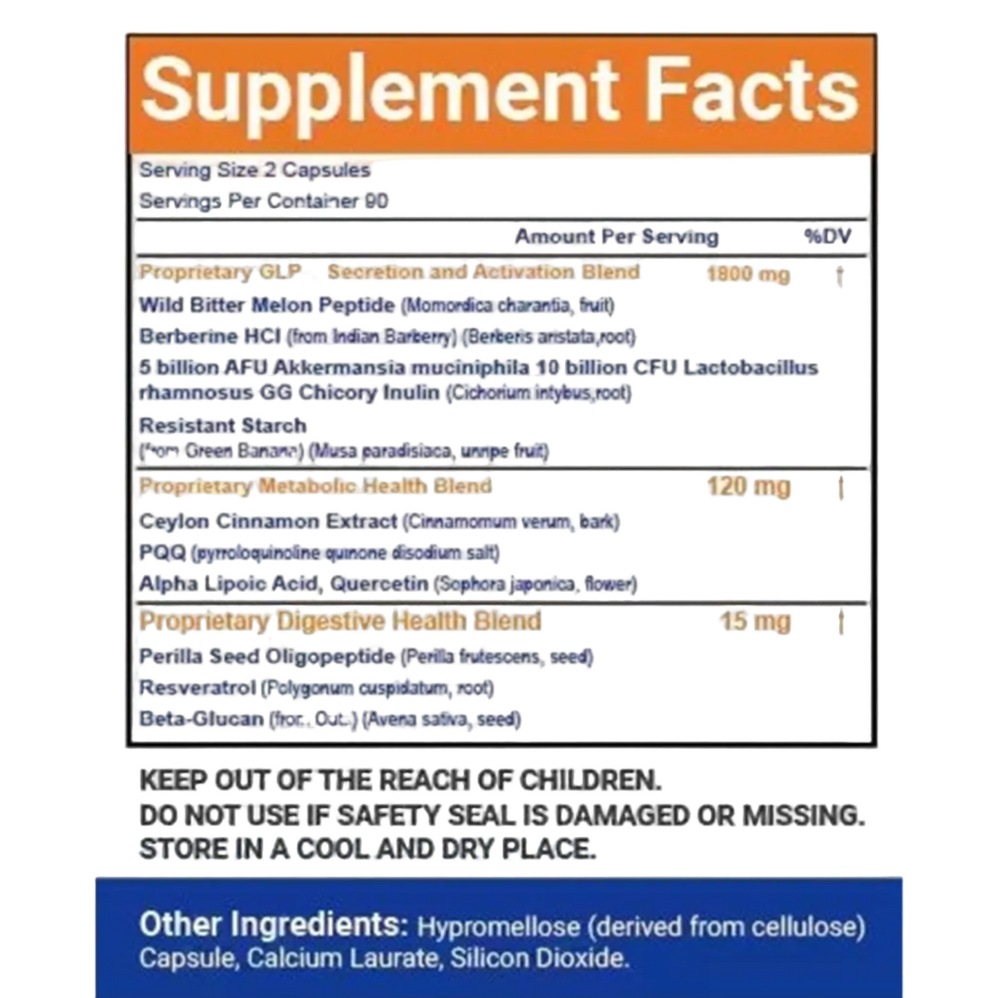 VitaCosmoX GLP-1 Supplement facts label with various ingredients listed on a white background