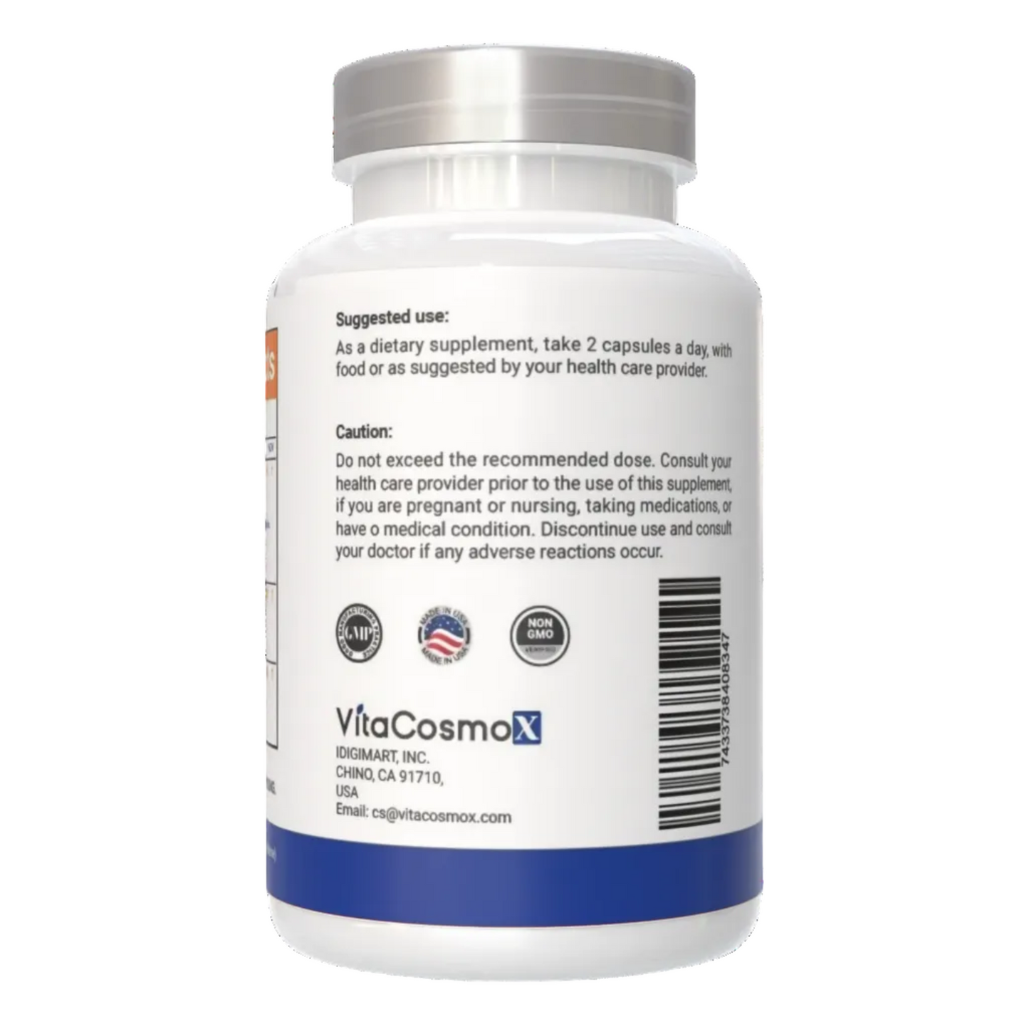 VitaCosmoX GLP-1 Supplement bottle with caution warning label on a white background