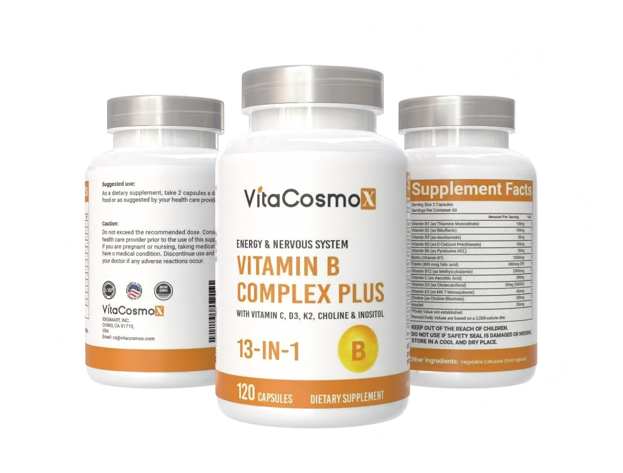 VitaCosmoX Vitamin B Complex Plus 120 Vegan Capsules