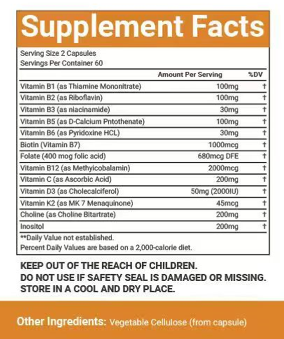 VitaCosmoX Vitamin B Complex Plus 120 Vegan Capsules