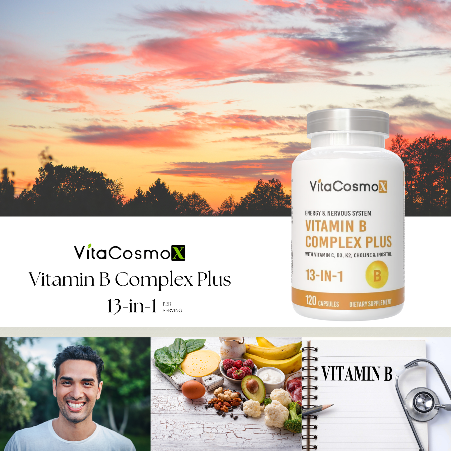 VitaCosmoX Vitamin B Complex Plus 120 Vegan Capsules
