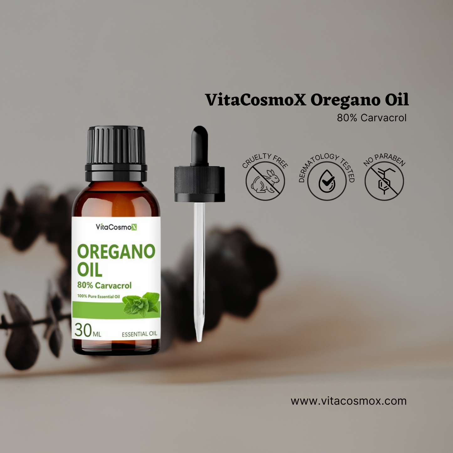 VitaCosmoX Oregano Oil Liquid Drops – Natural Supplement with 80% Carvacrol (1 oz)