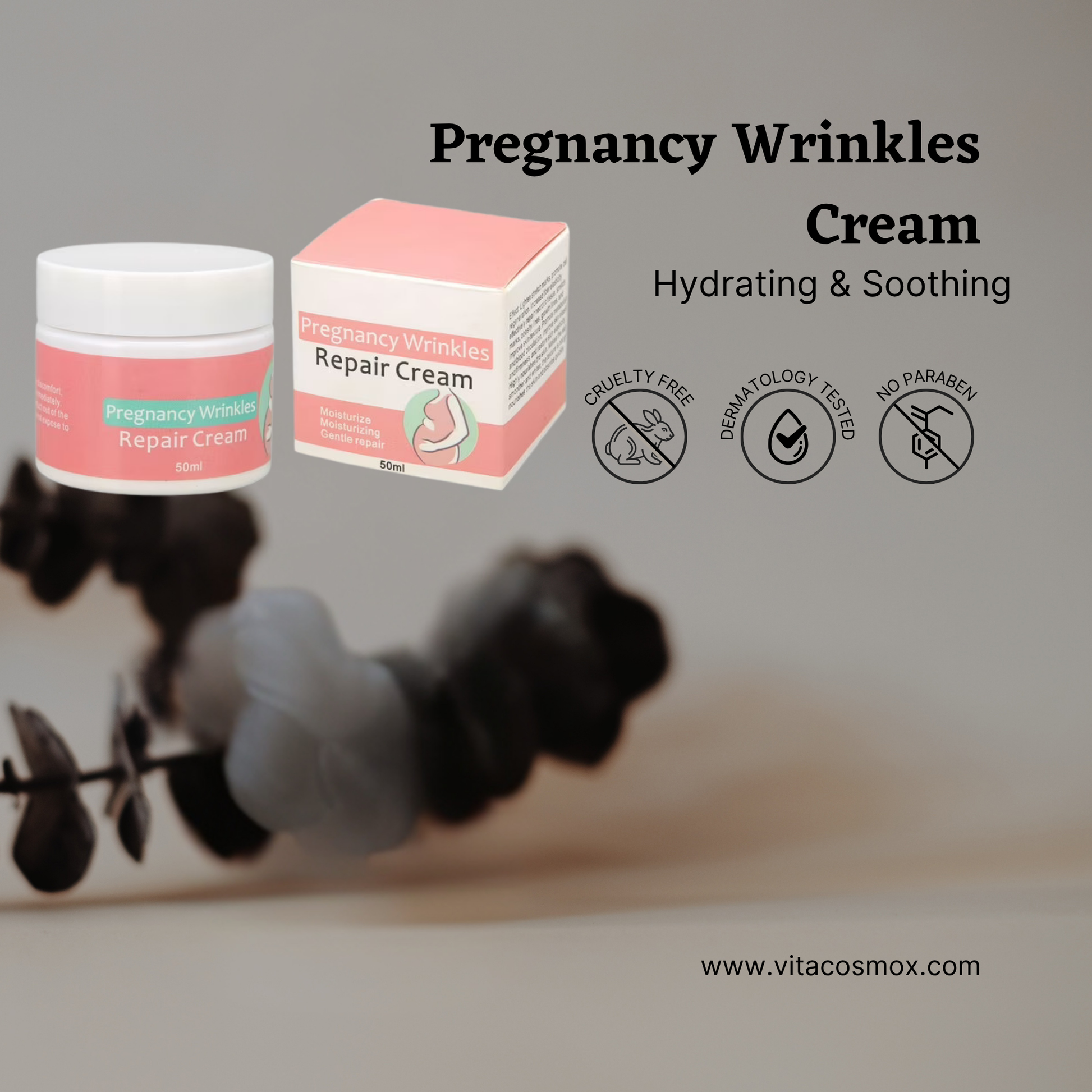 Pregnancy Wrinkles Cream packaging with jar and box on a blurred background