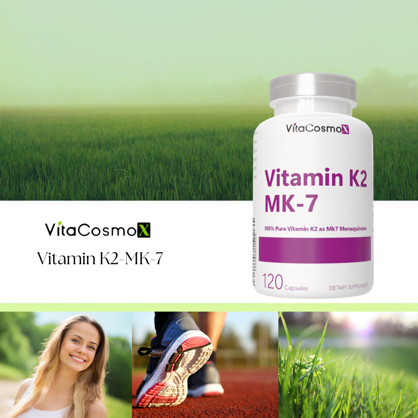 VitaCosmoX Vitamin K2 MK-7 supplement bottle with a blurred green field background 120 mcg 120 capsules