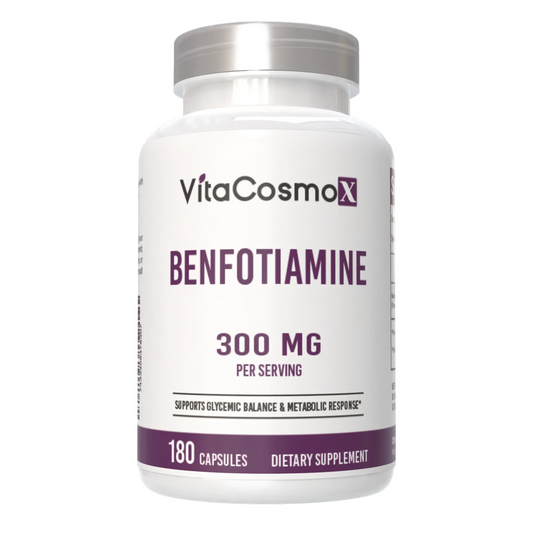 VitaCosmoX Benfotiamine supplement bottle on a white background