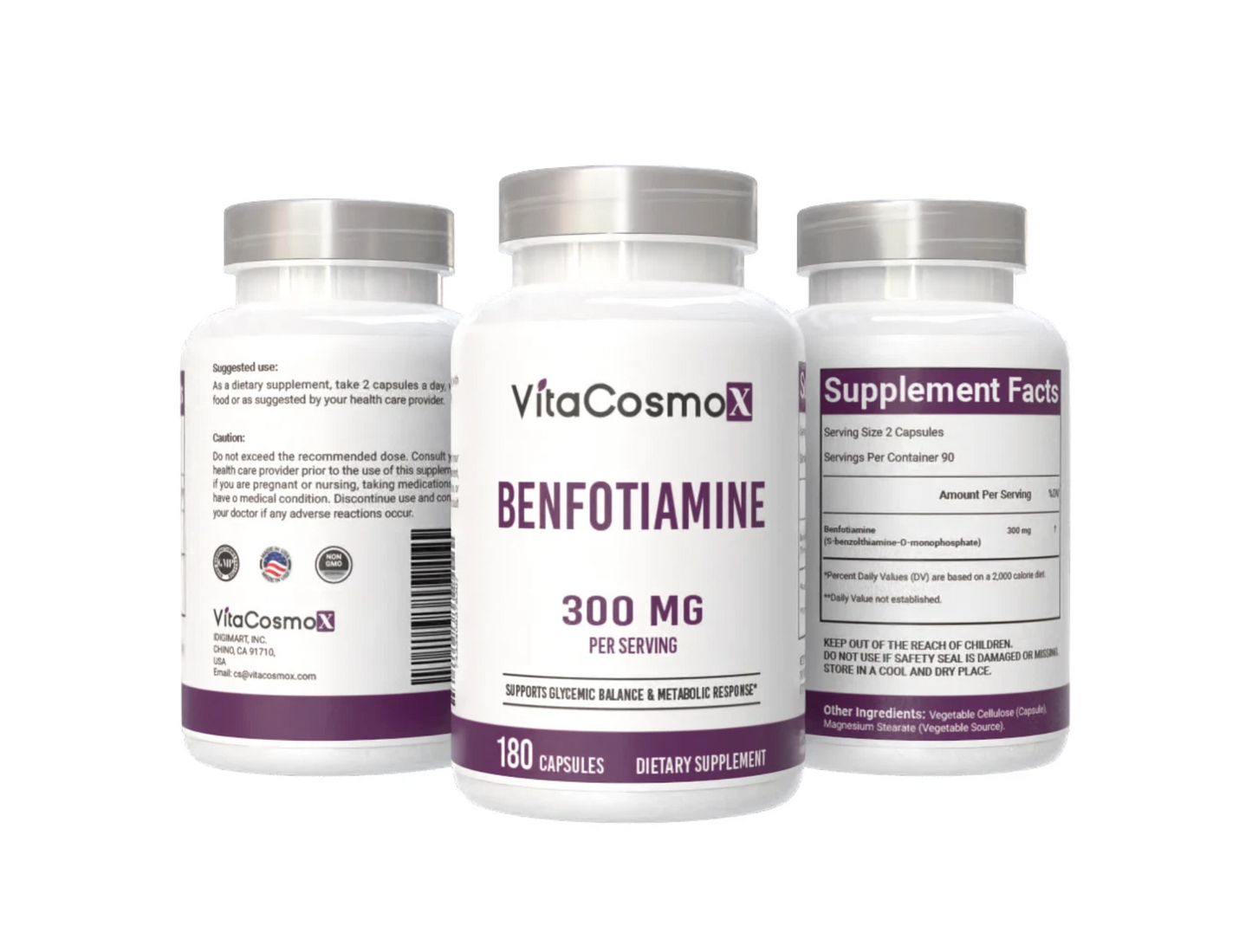 Three bottles of VitaCosmoX Benfotiamine supplement on a white background