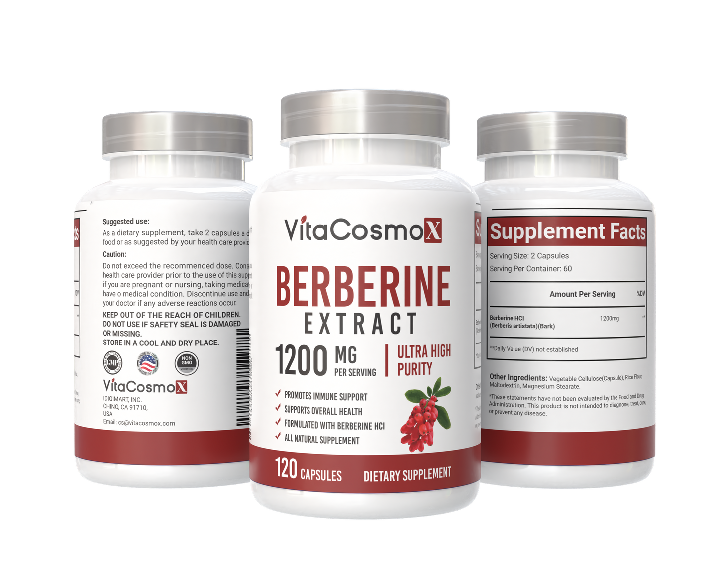 VitaCosmoX Berberine HCL 1,200 mg – 120 Vegan Capsules