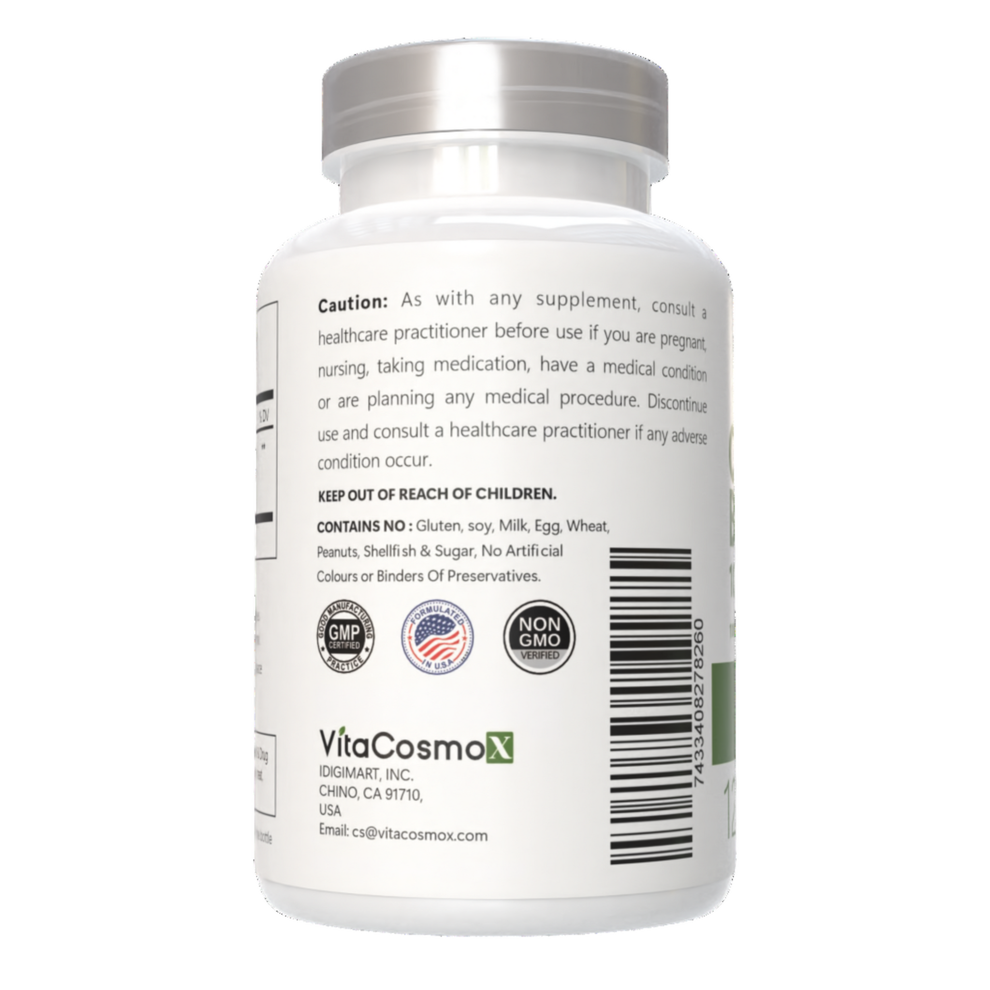 VitaCosmoX citrus bergamot caution warning label side - 120 capsules