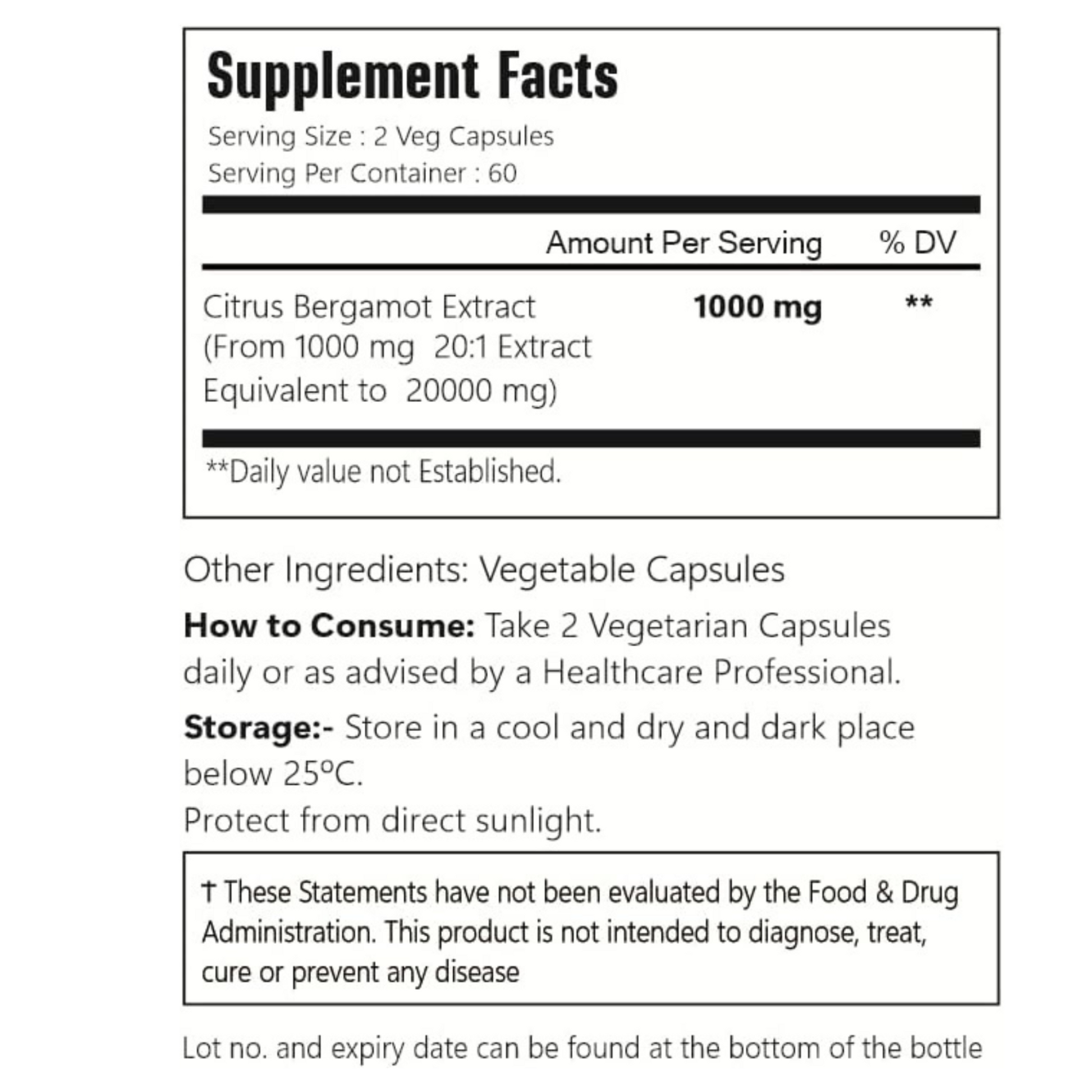 Supplement facts label for Citrus Bergamot Extract on a white background