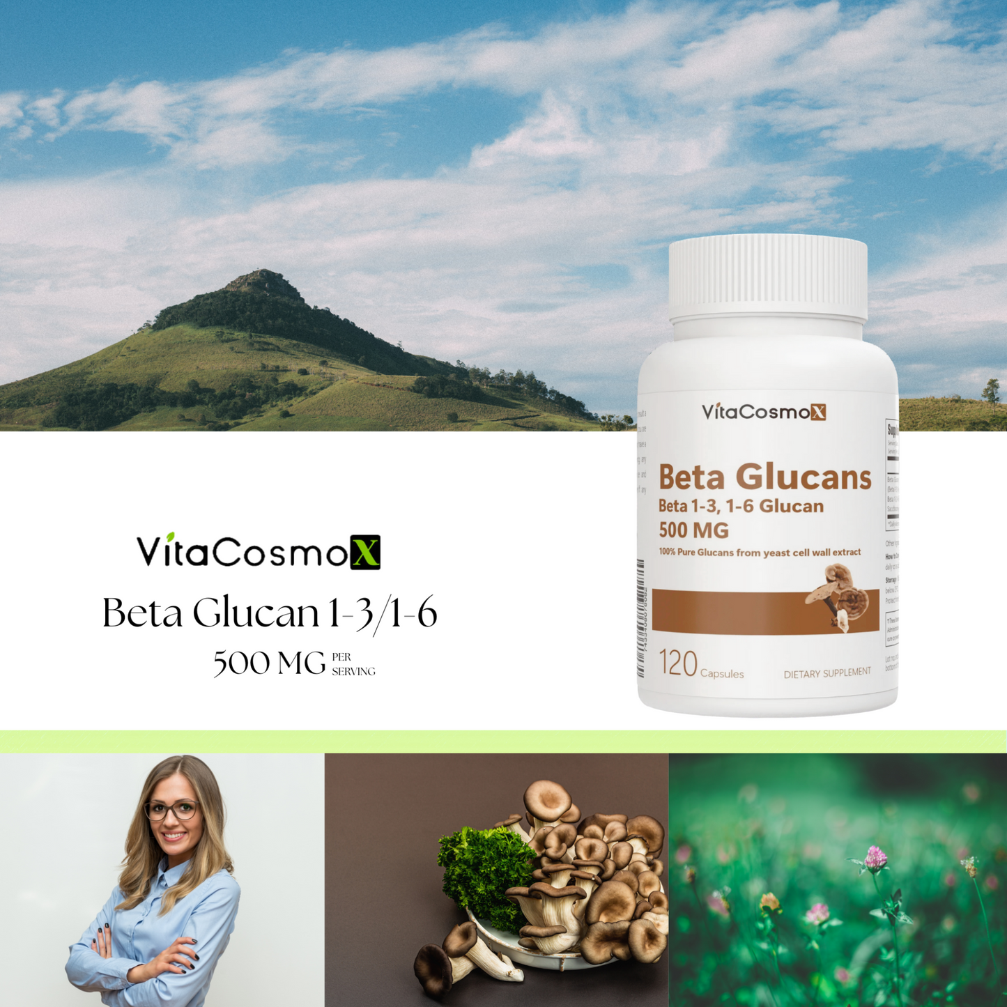 VitaCosmo Beta Glucans supplement bottle with grass background 500 mg 120 capsules