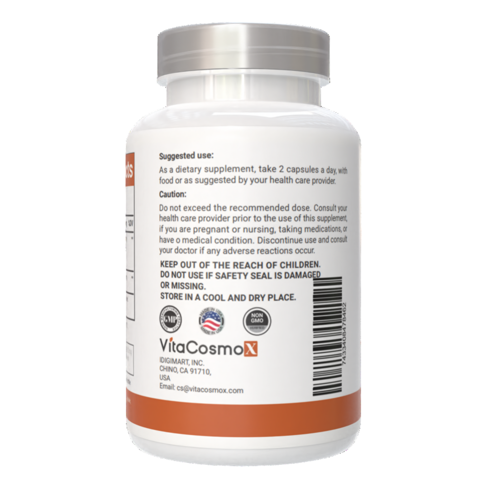 VitaCosmoX supplement bottle with label on a white background