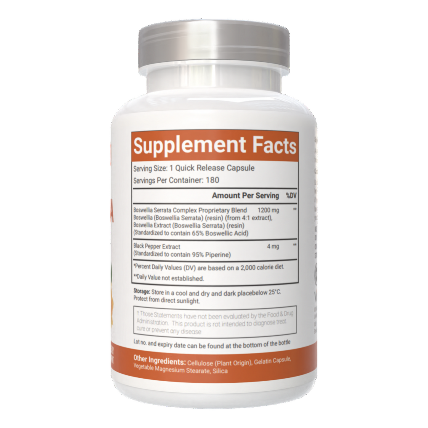 VitaCosmoX Boswellia 180 supplement fact side with white background