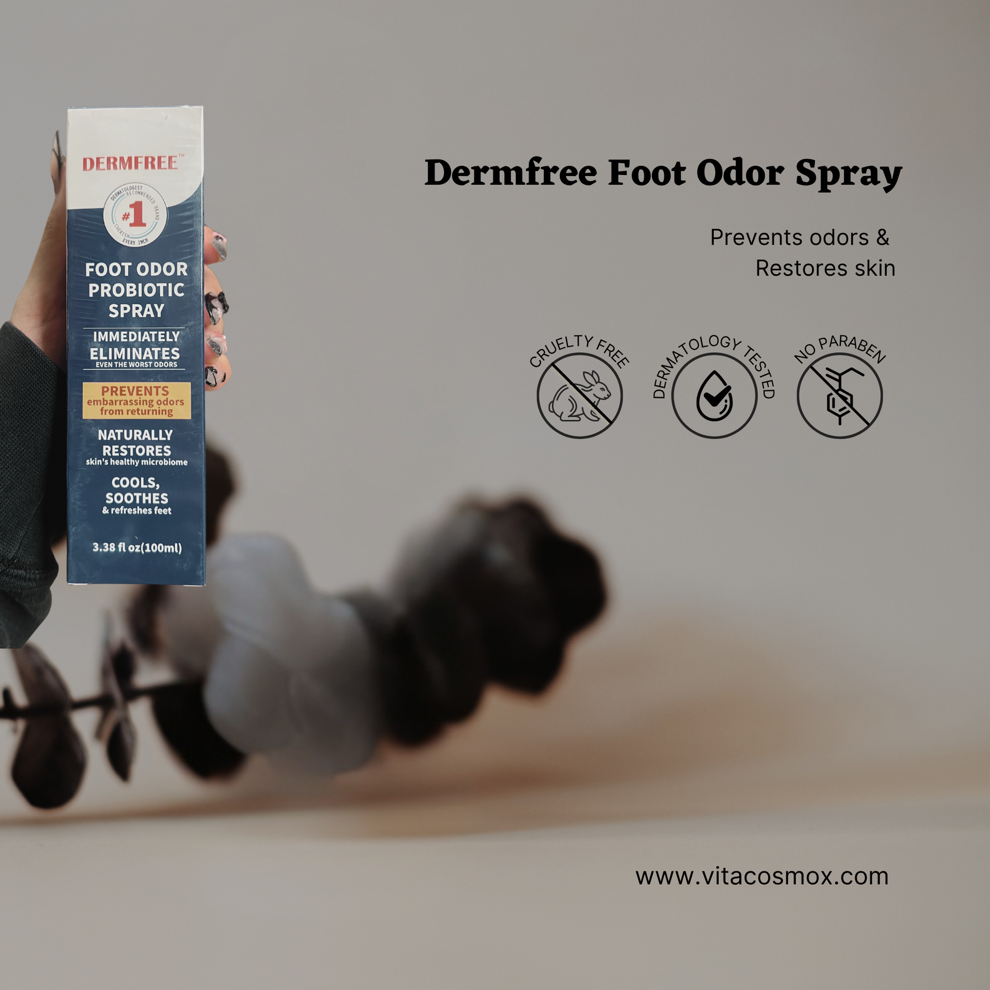 Dermfree Foot Odor Spray packaging with product details on a blurred background