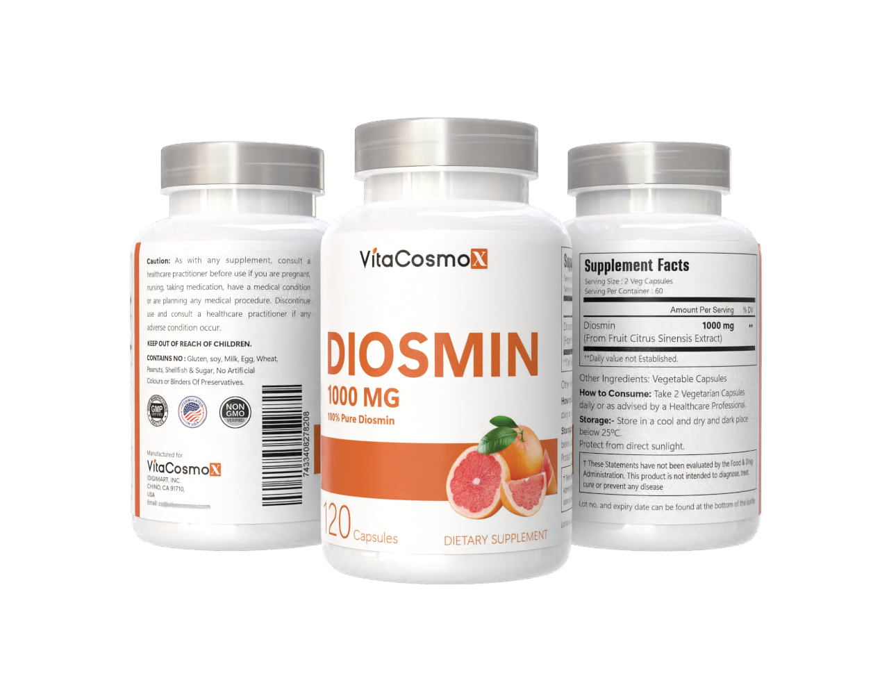 VitaCosmoX Diosmin 1,000 mg - 120 Capsules