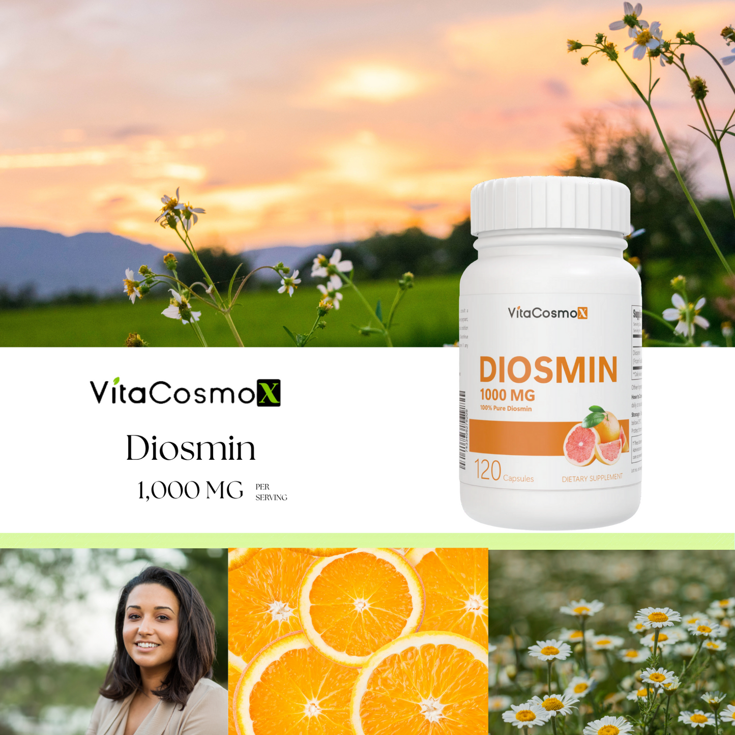 VitaCosmoX Diosmin 120 capsules 1000 mg infographic