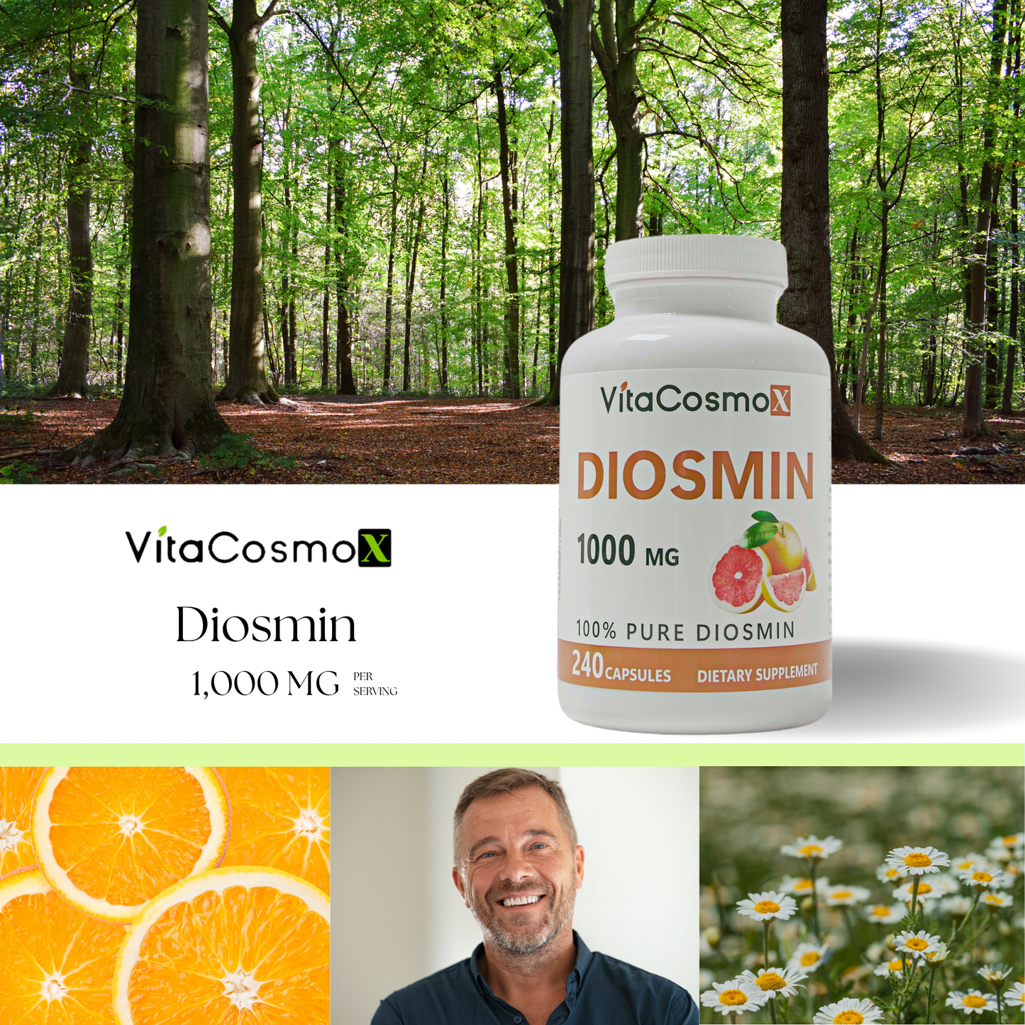 VitaCosmoX Diosmin Capsules – 1,000 mg | Citrus Bioflavonoids | 240 Vegan Capsules