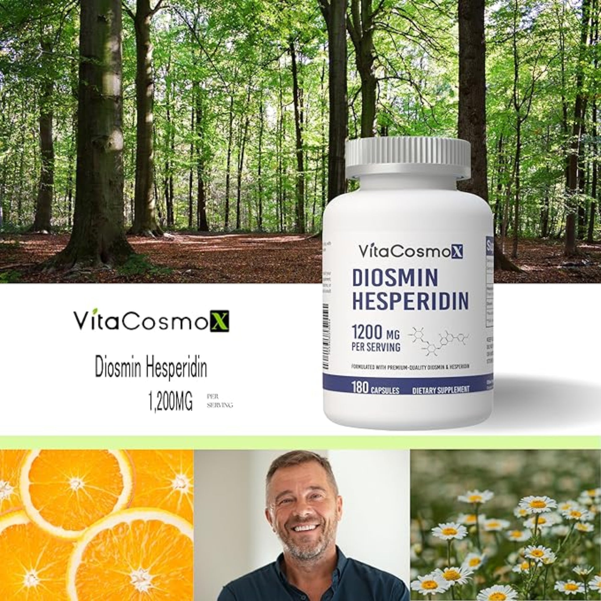 VitaCosmoX Diosmin Hesperidin supplement bottle infographic