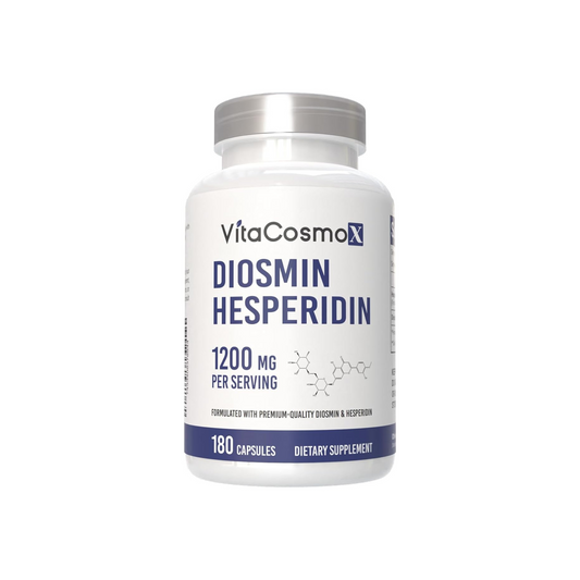 VitaCosmoX Diosmin Hesperidin supplement bottle with white and navy label - front side