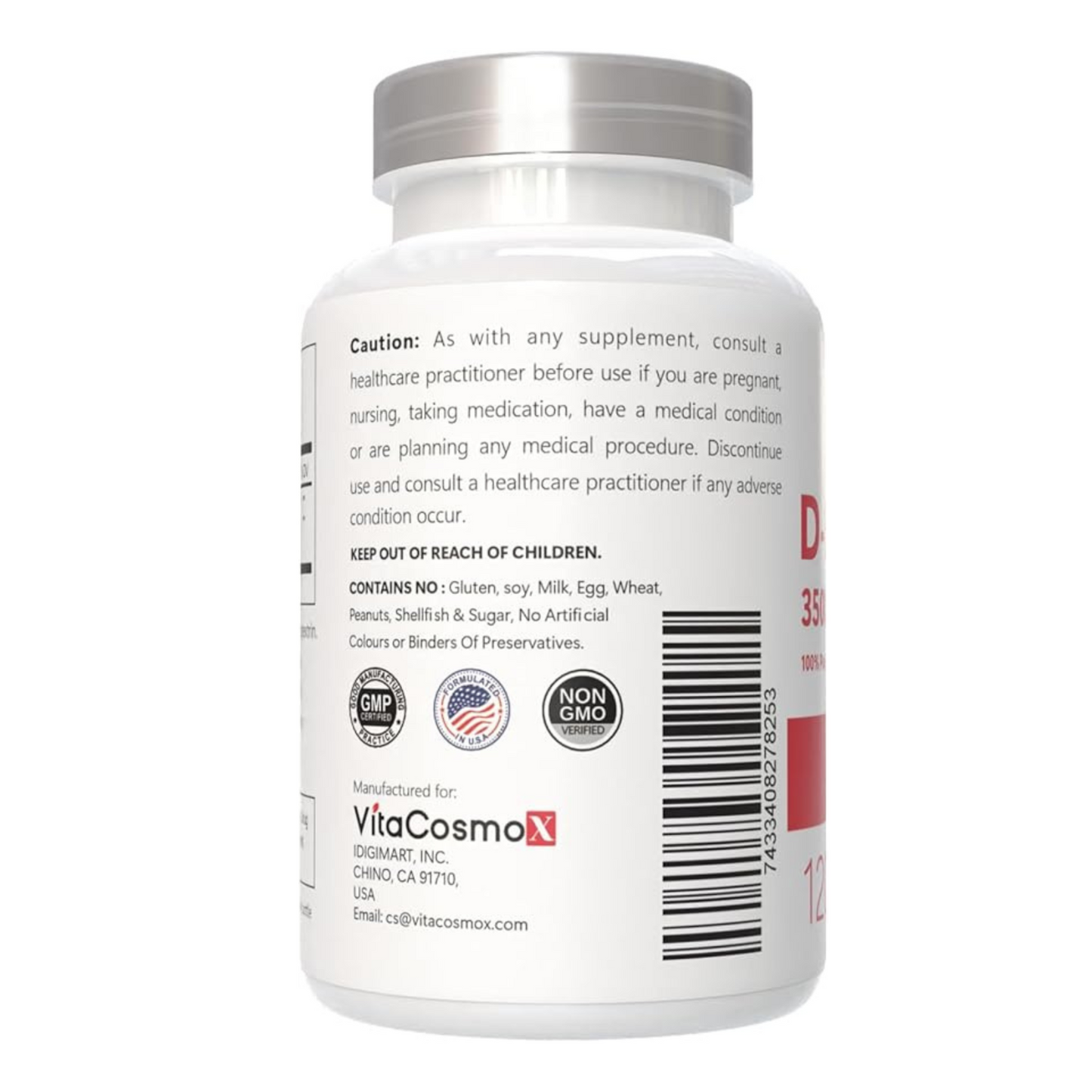 VitaCosmoX d-mannose caution front side - 120 capsules