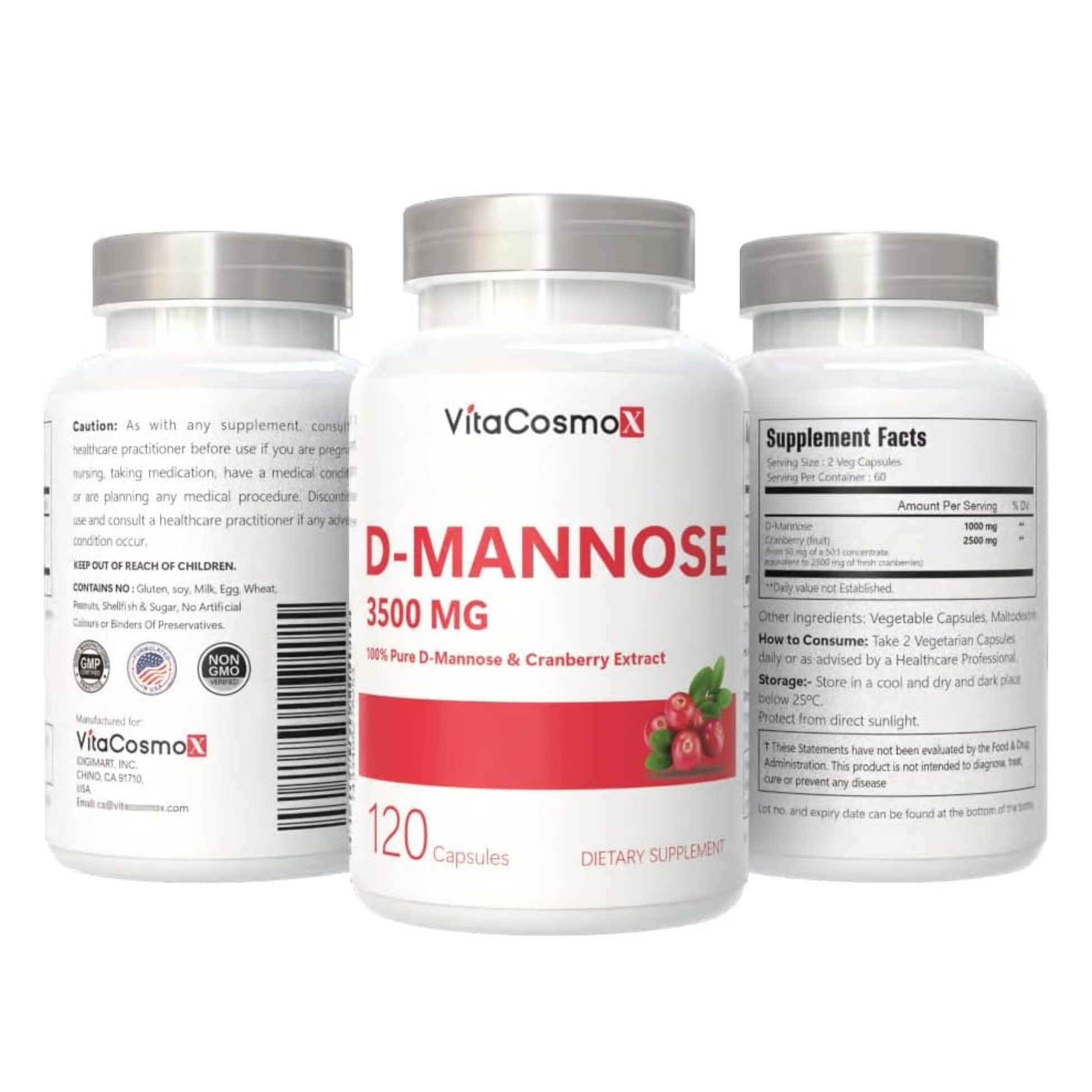 VitaCosmo D-Mannose supplement bottle with all three sides on a white background