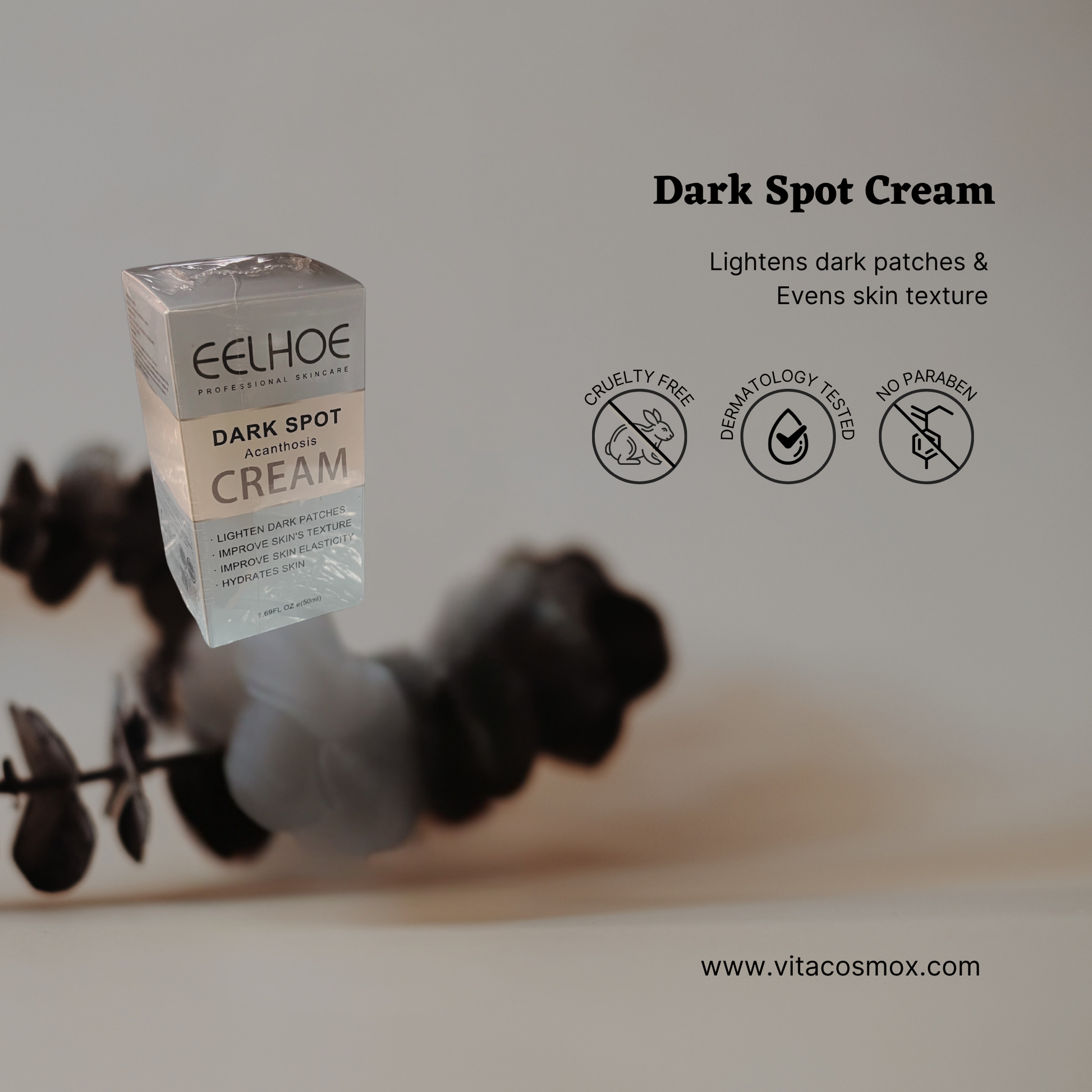 Eelhoe Dark Spot Cream packaging with product details on a blurred background