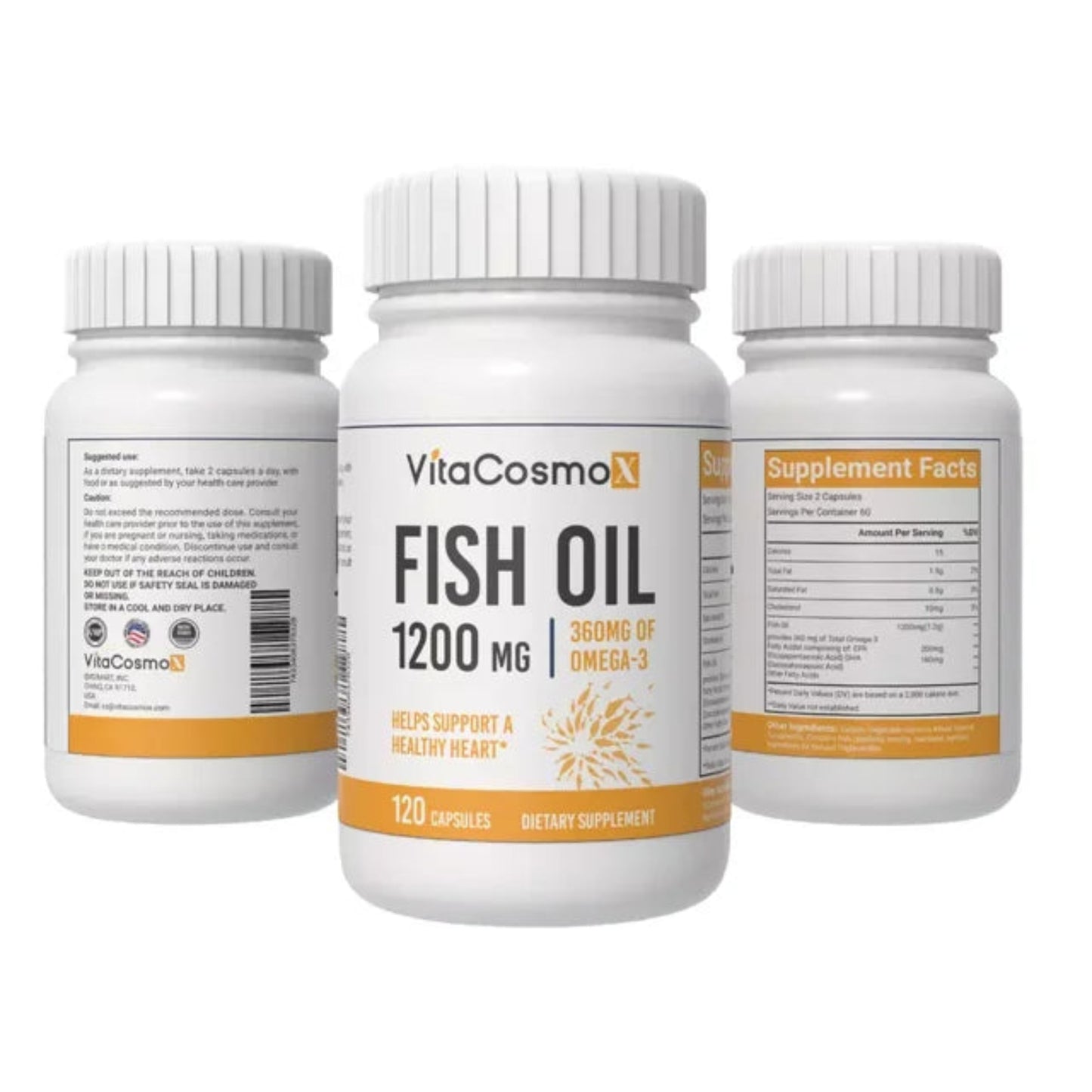 Three bottles of VitaCosmoX Fish Oil 1200 mg on a white background