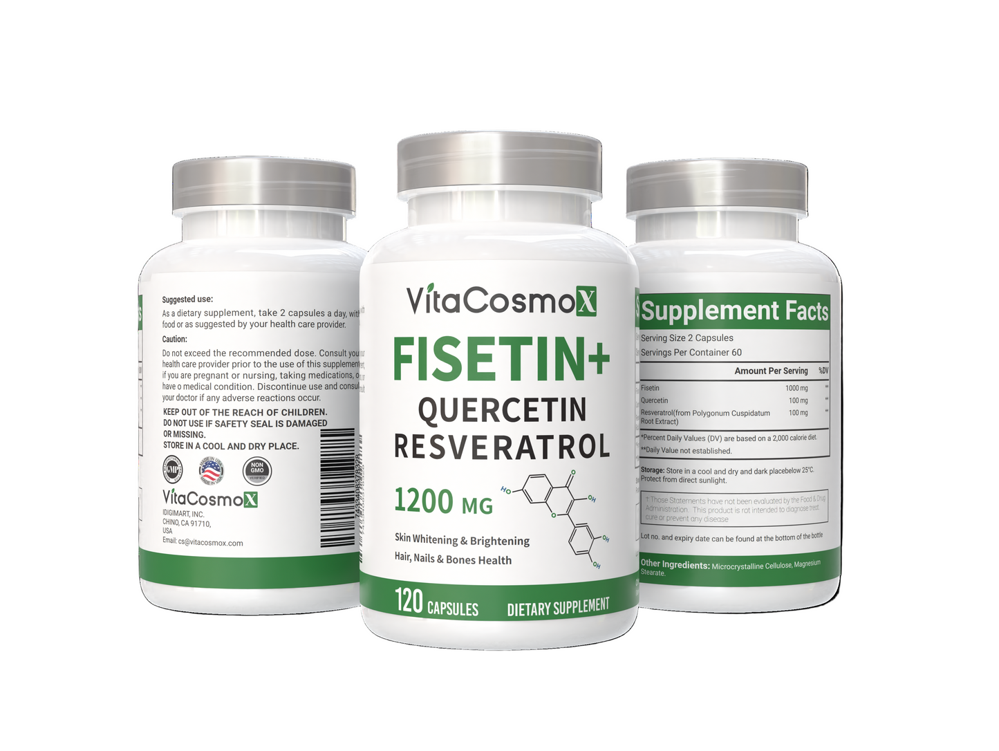 Three bottles of VitaCosmoN Fisetin+ Quercetin Resveratrol supplement on a white background