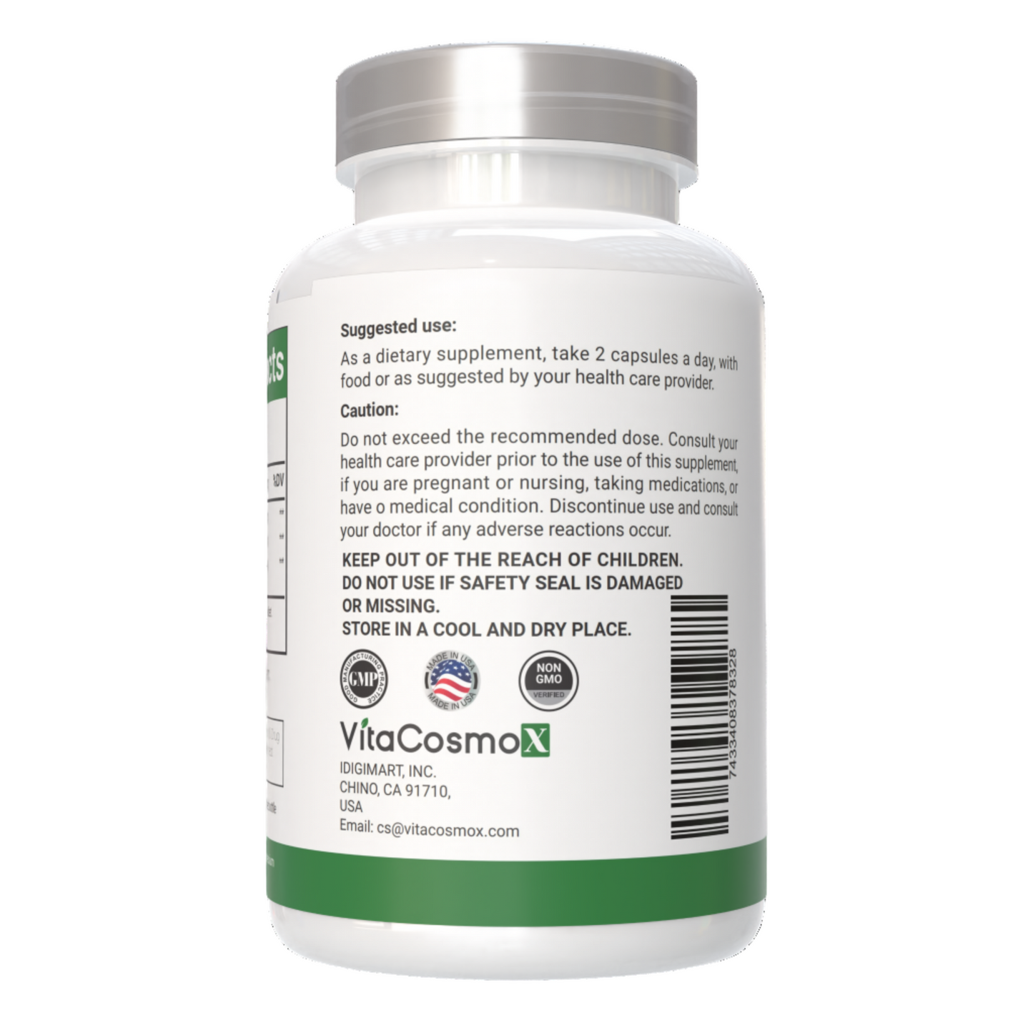 VitaCosmoX fisetin caution warning label side - 120 capsules
