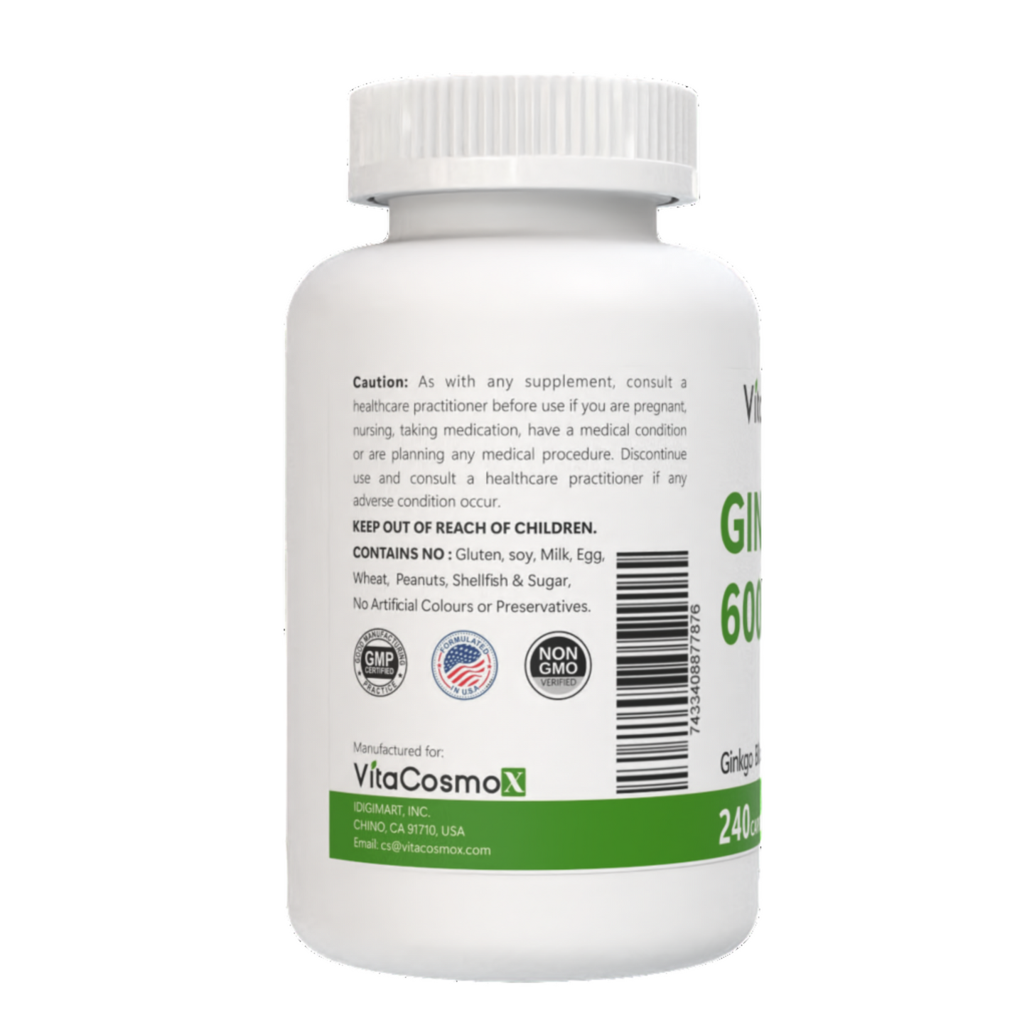VitaCosmoX supplement bottle with white cap and label on a white background