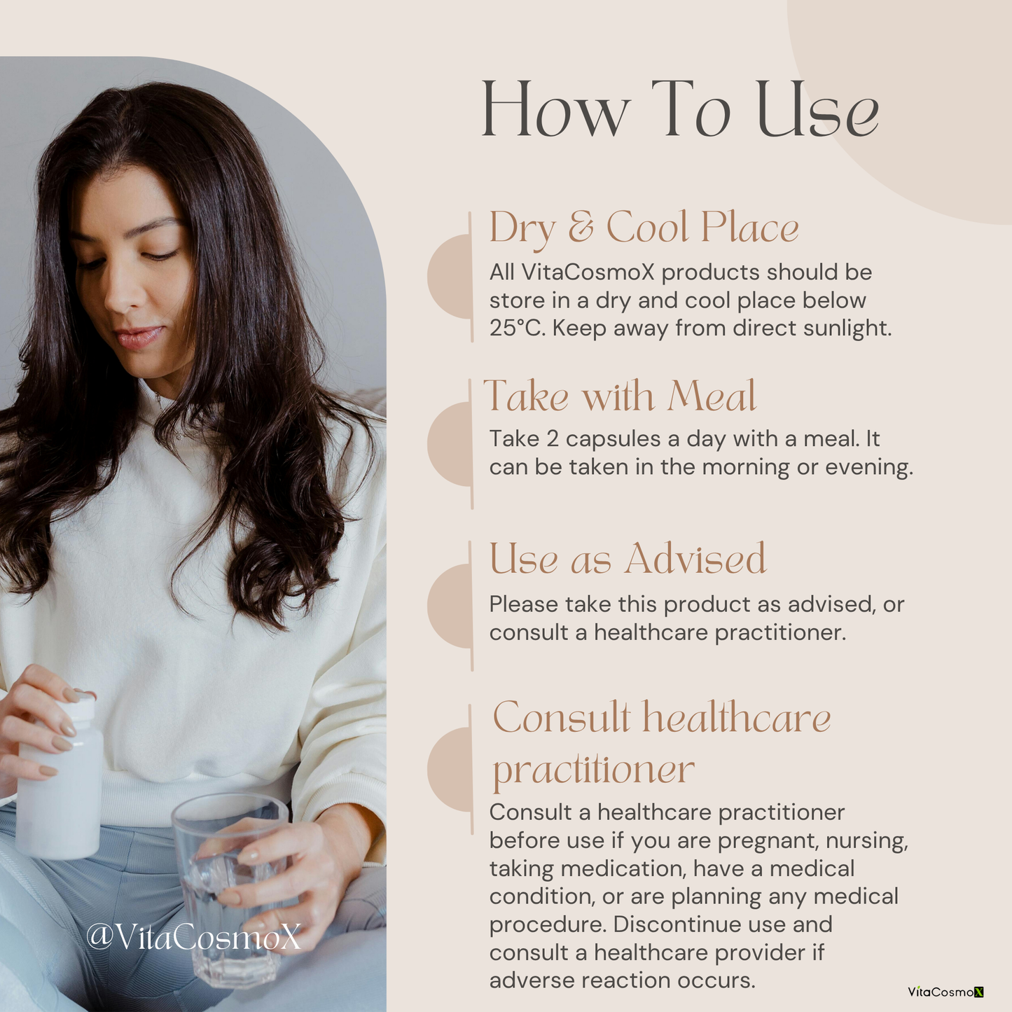 VitaCosmoX product usage guide with a woman holding a bottle and glass.