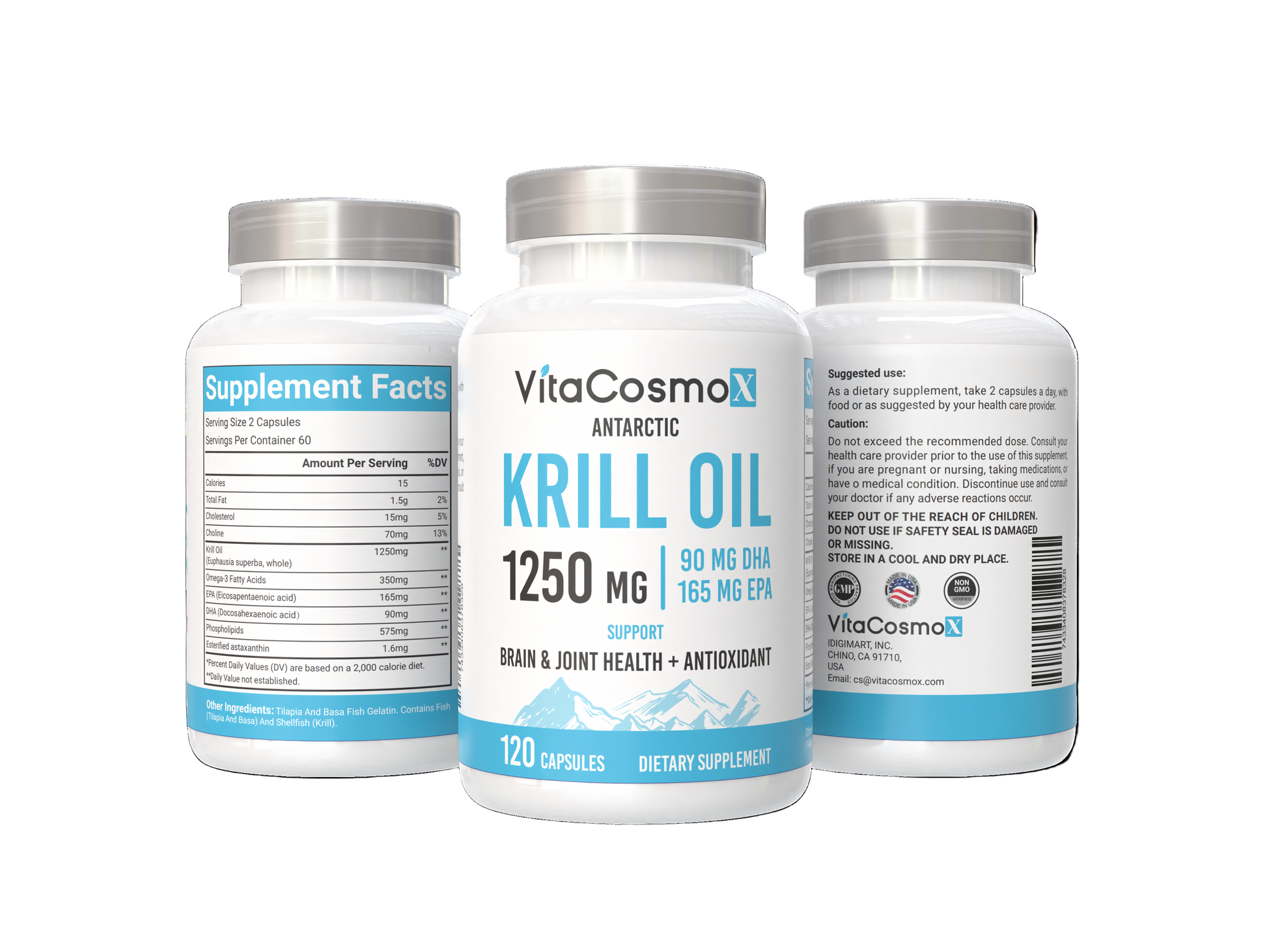 VitaCosmoX krill oil 120 caps all three sides - 120 capsules (with background)