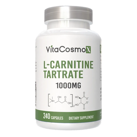 VitaCosmoX L-Carnitine Tartrate supplement bottle on a white background
