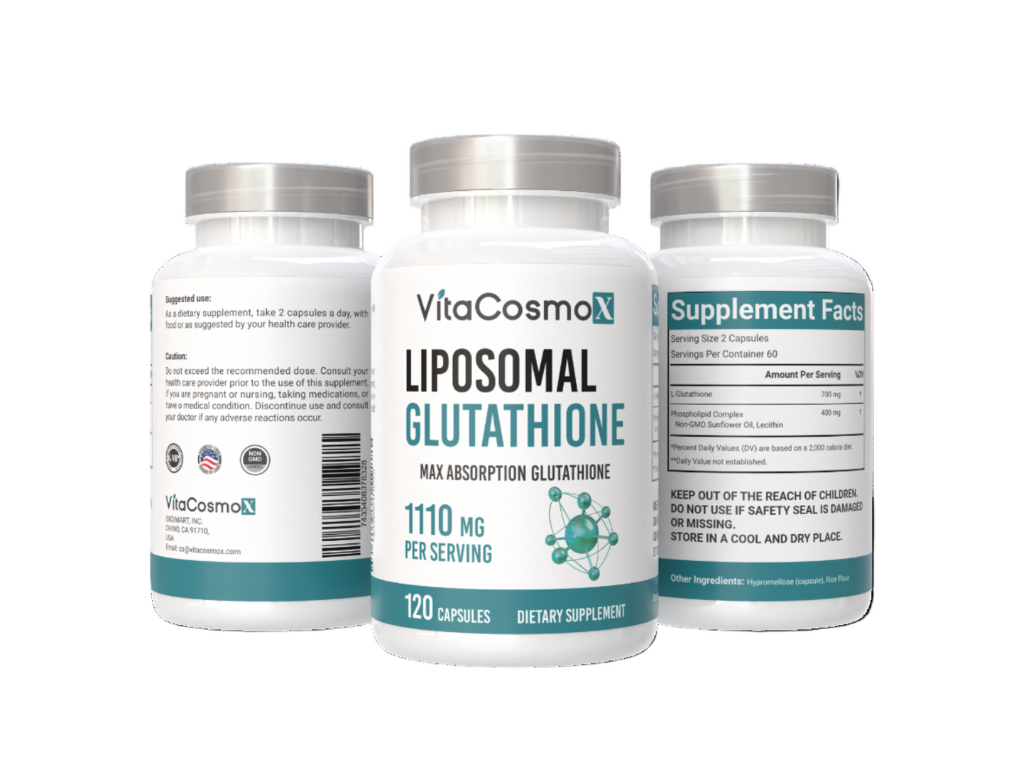 VitaCosmoX liposomal glutathione  all three sides - 120 capsules