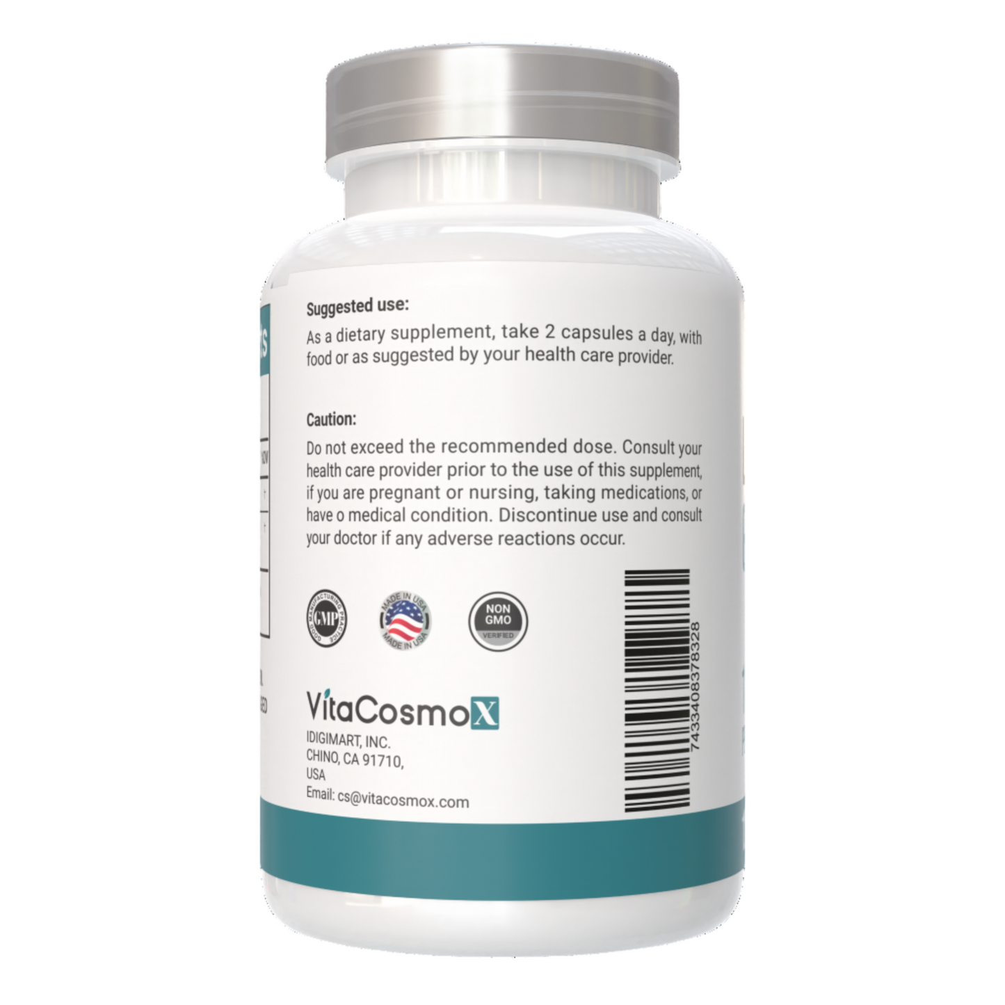 VitaCosmoX  liposomal glutathione  caution warning label side - 120 capsules