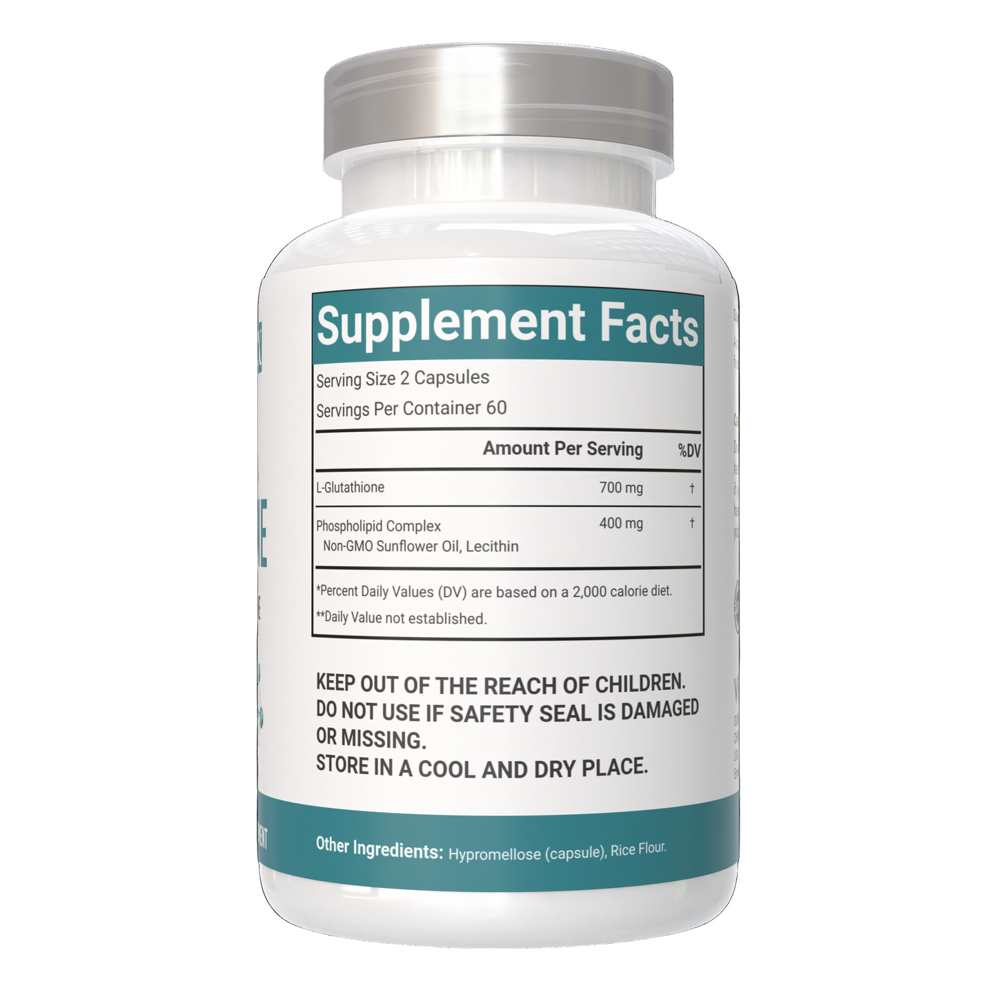 VitaCosmoX liposomal glutathione supplement fact side - 120 capsules