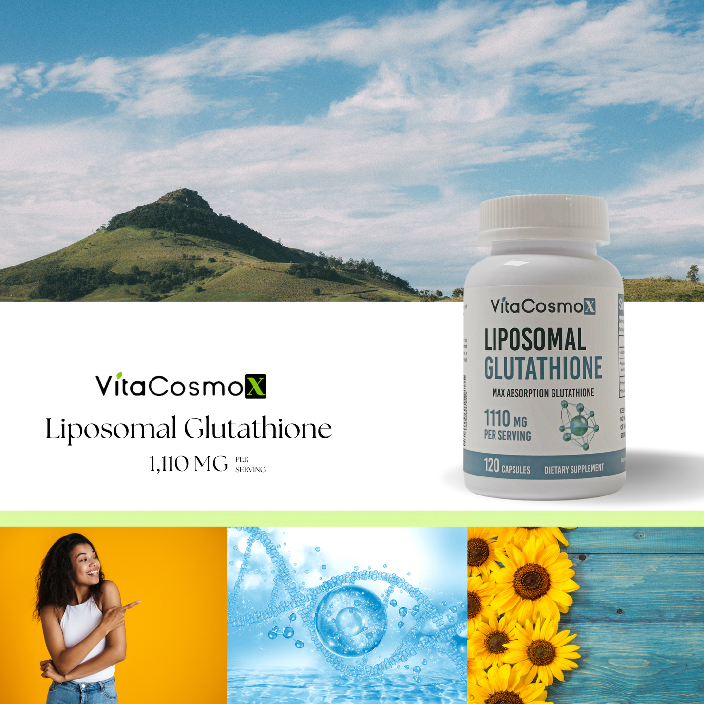 VitaCosmoX Liposomal Glutathione 1100 mg – 120 Vegan Capsules | Plant-Based Antioxidant Complex