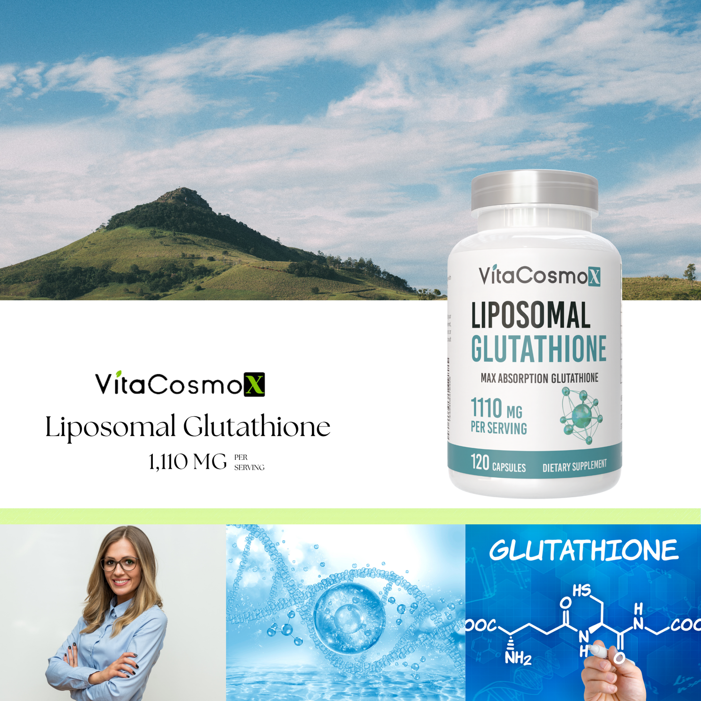 VitaCosmoX Liposomal Glutathione supplement bottle 1110 mg 20 capsules infographic