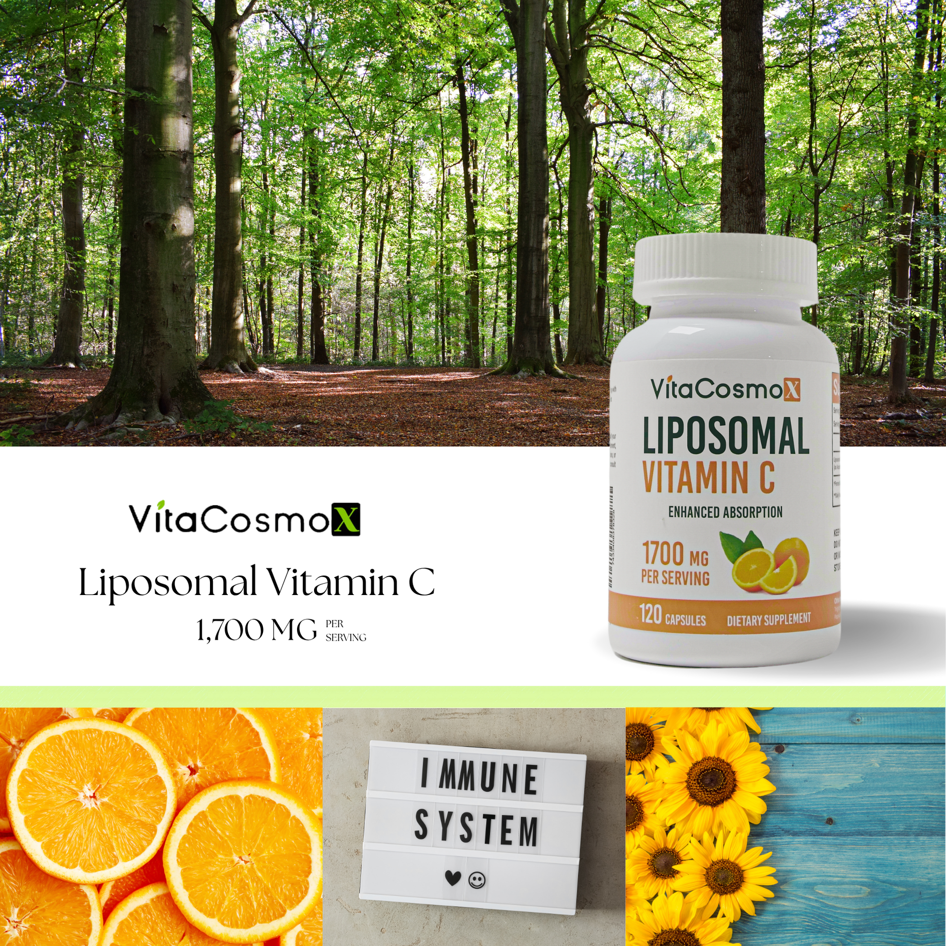 VitaCosmo Liposomal Vitamin C supplement bottle with forest background