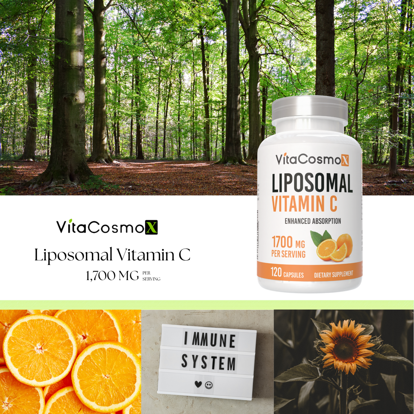 VitaCosmo Liposomal Vitamin C supplement bottle 1700 mg 120 capsules infographic