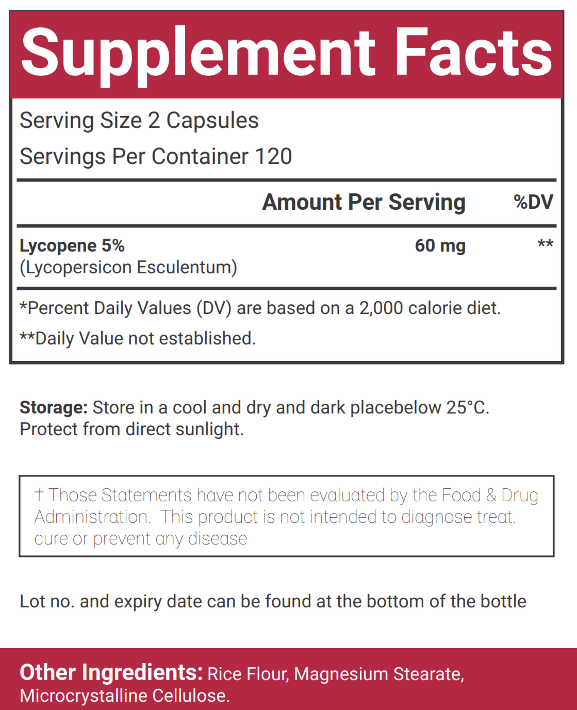 Supplement facts label with Lycopene content on a red background