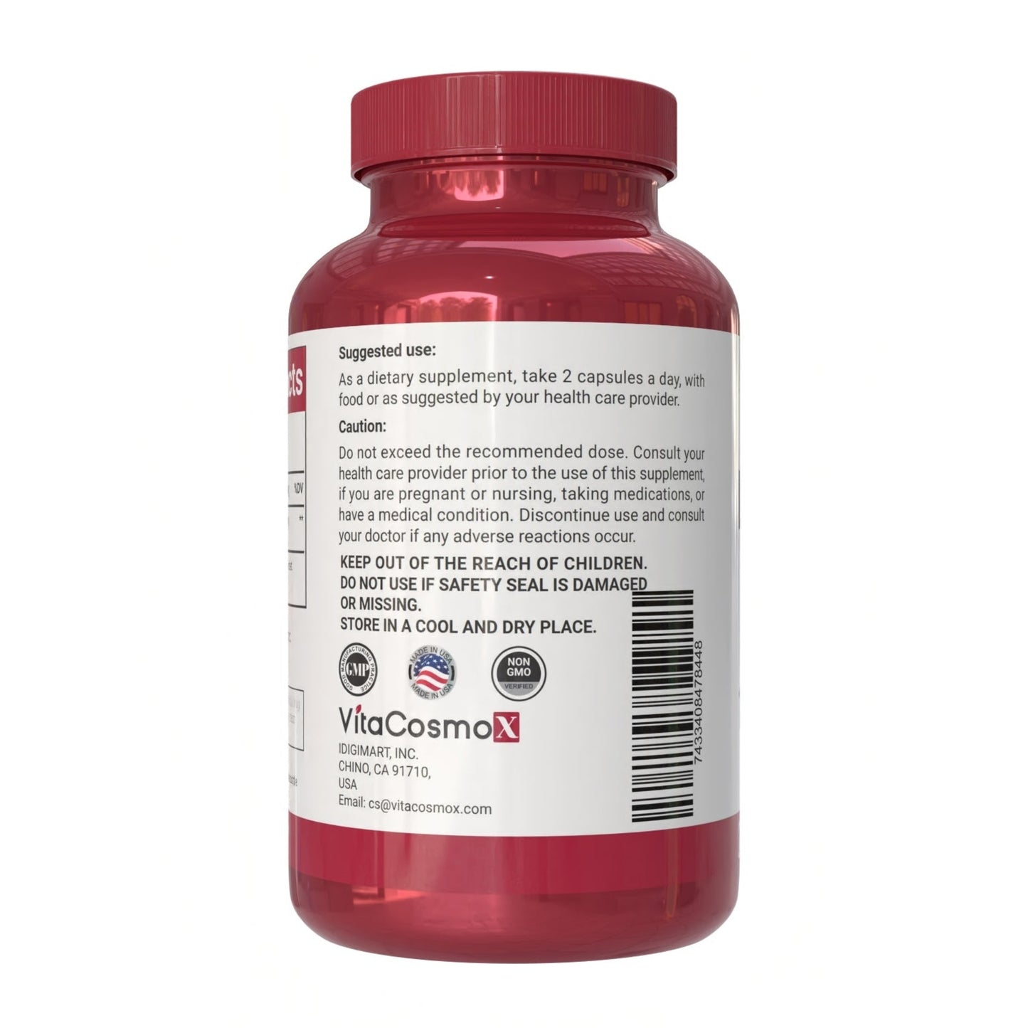 VitaCosmoX Lycopene 240 supplement bottle with caution label on a white background