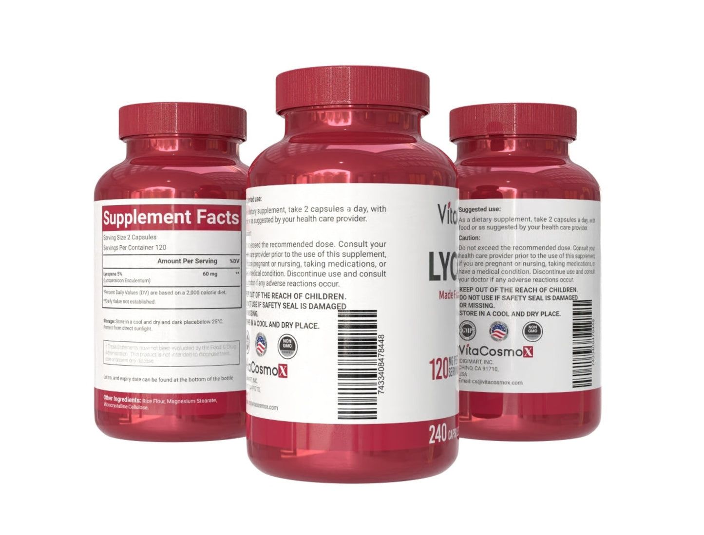 Three VitaCosmoX Lycopene 240 supplement bottles with white labels on a white background